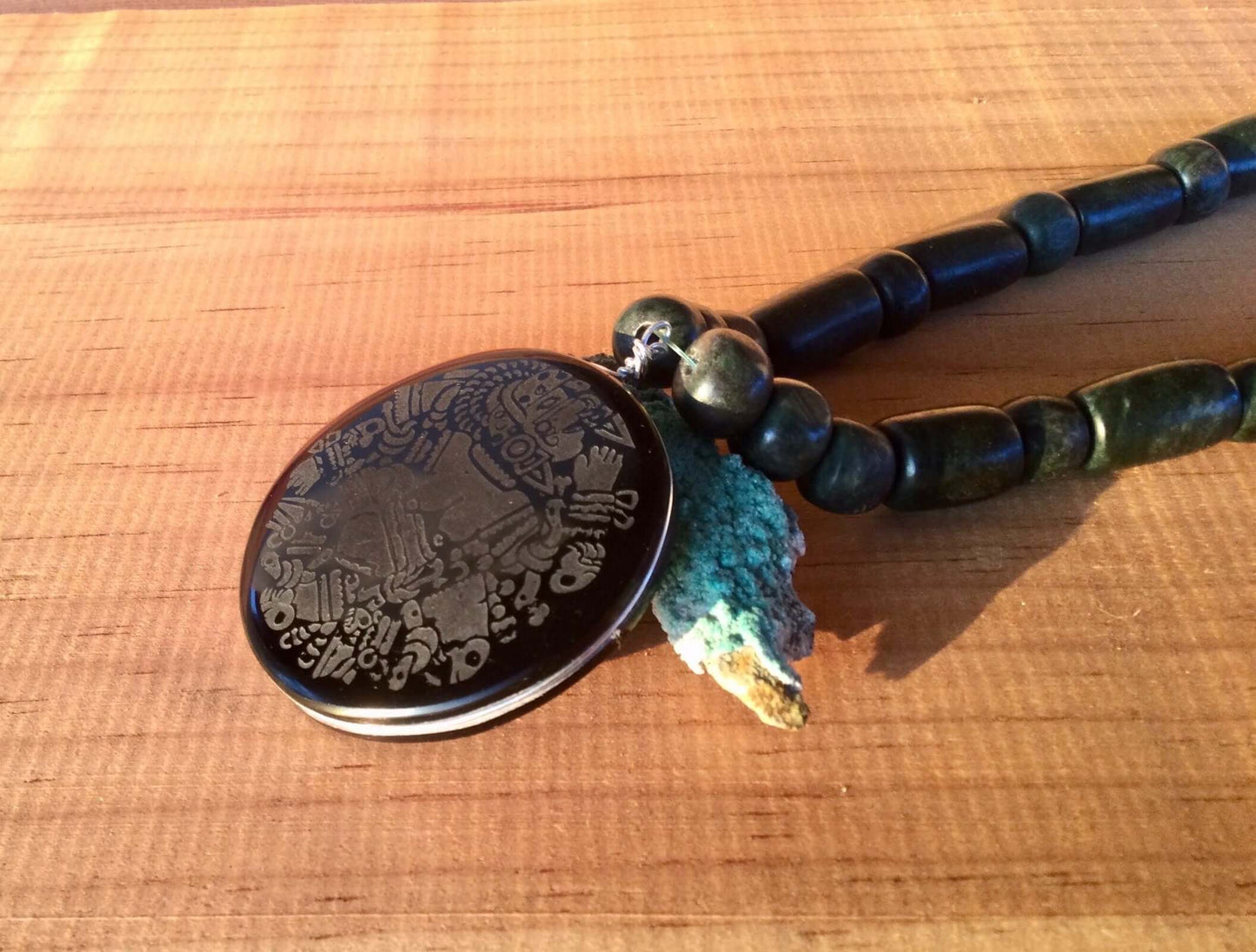 Coyolxauhqui Pendant Necklace- Mexican Obsidian & guatemalan jade beads style- Precolombian Aztec Jewelry
