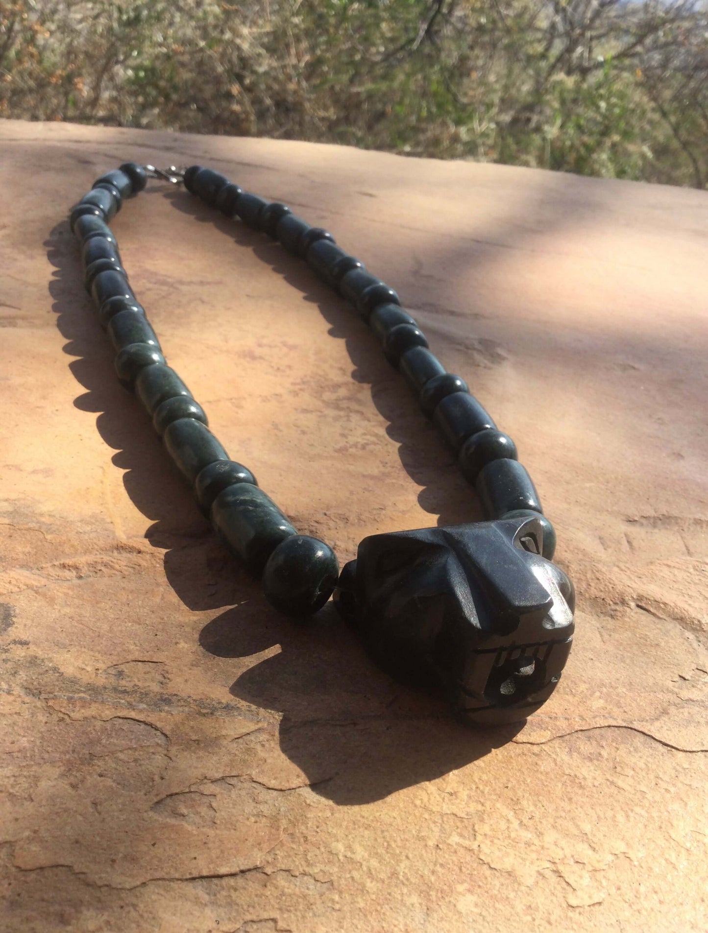Jaguar Pendant Guatemalan jade beads necklace style, serpentine stone - Mayan Jewelry, Mexican Culture