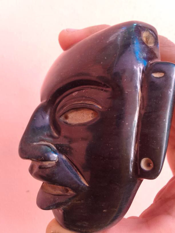 Teotihuacan Head Mask - Dark Green Serpentine Stone - Guatemalan Jade Style - Handmade Mexican Artisan Sculpture - 4"x3"
