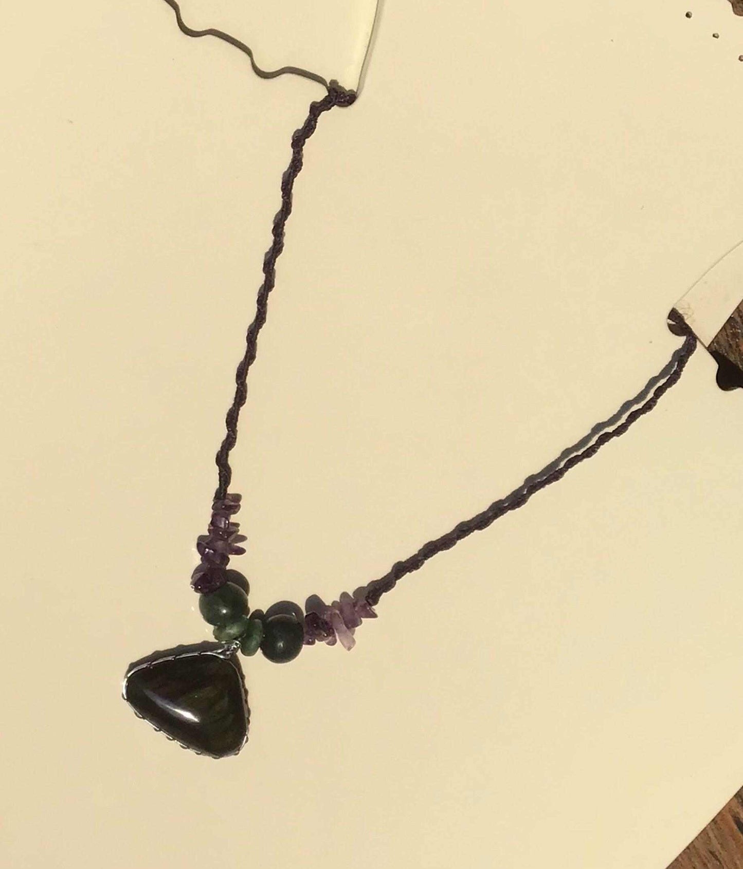 Velvet Obsidian Pendant Necklace with Amethyst & Guatemalan Jadeite Beads - Mexican Rainbow Obsidian Jewelry