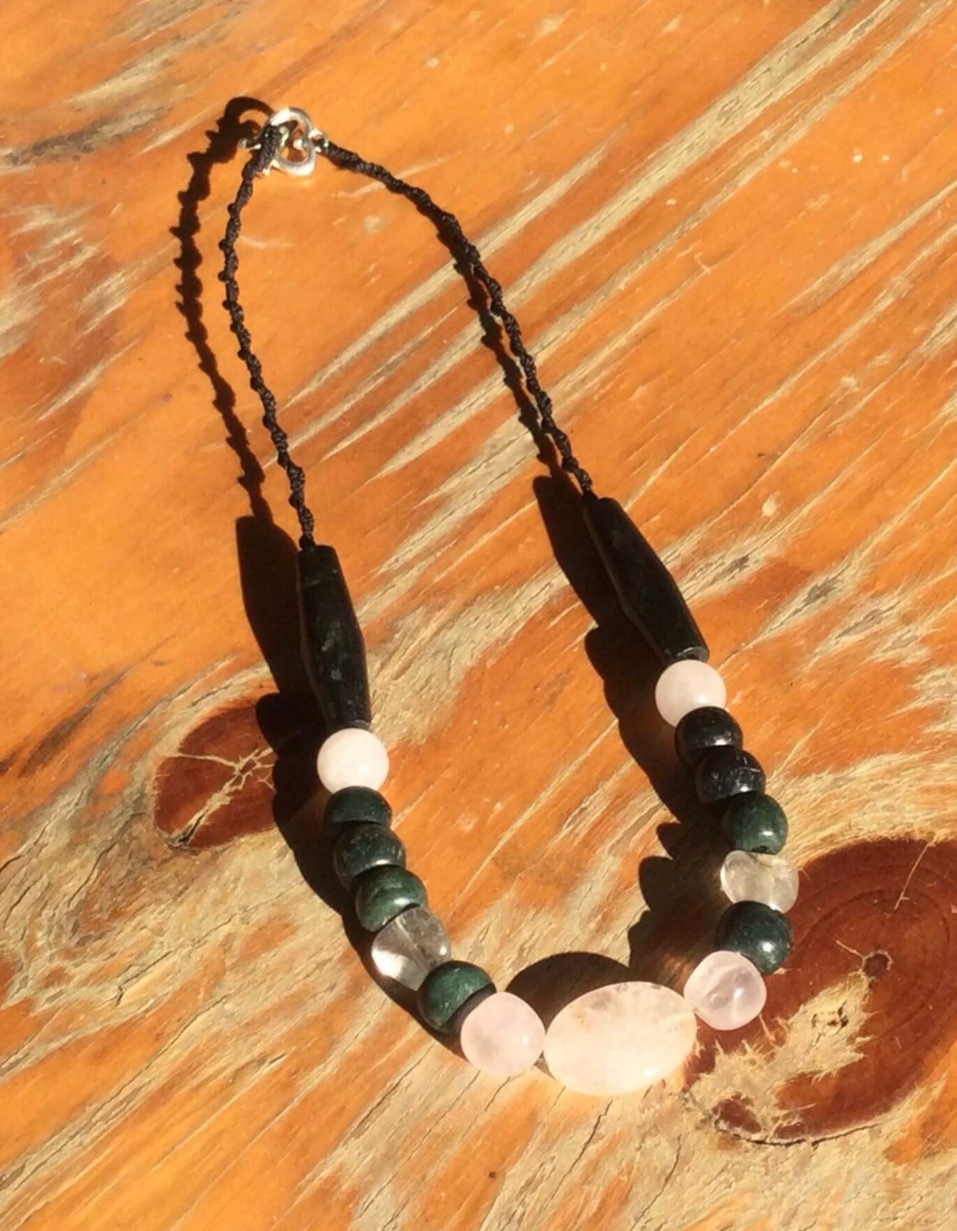 Guatemalan Jade Style Necklace for Women Jewelry - Dark Green Serpentine and Rose Quartz Necklace - Gift for her