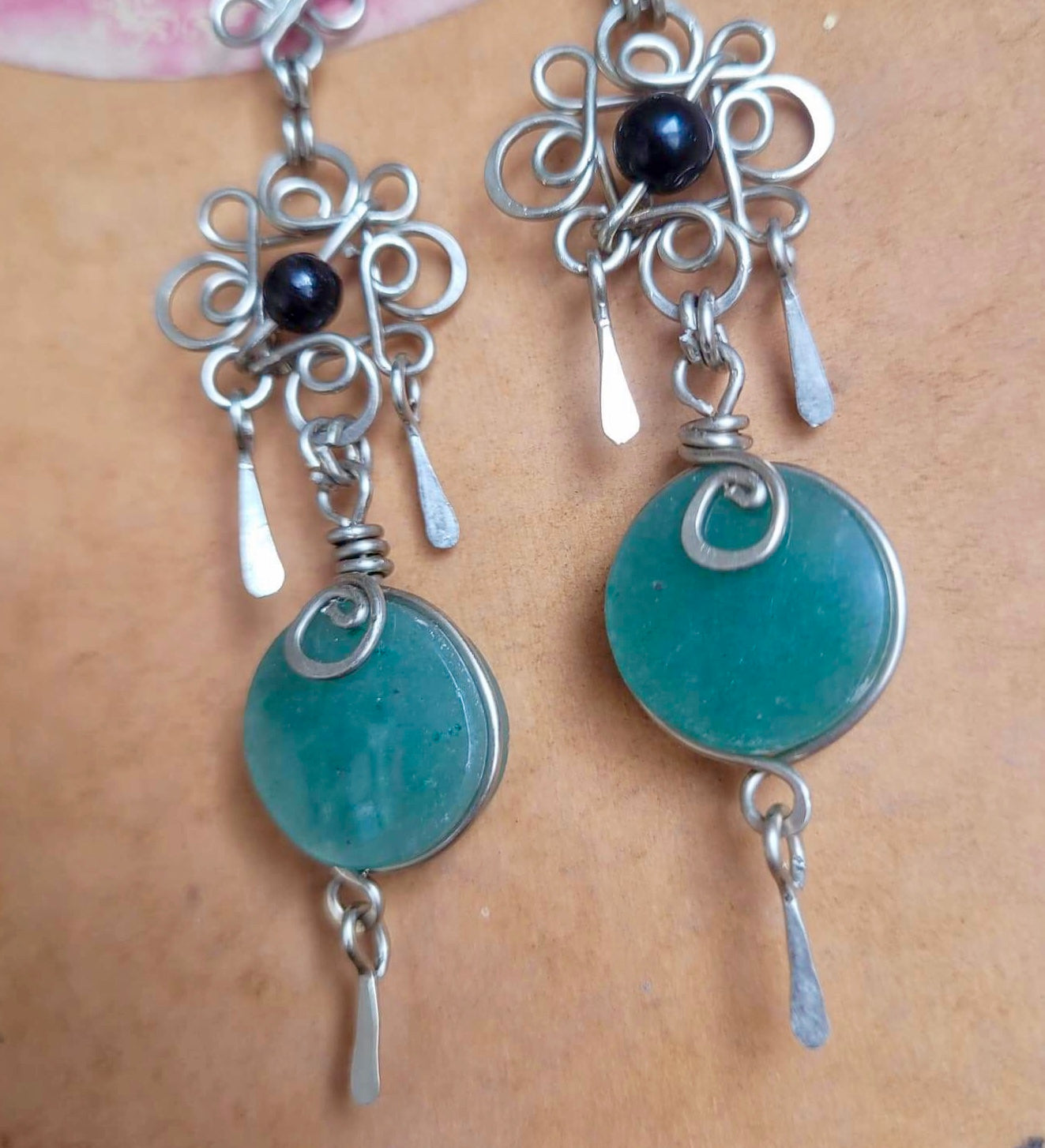 Stone Filigree Earrings - Quartz Agate & black Agate beads - Handcrafted with Love