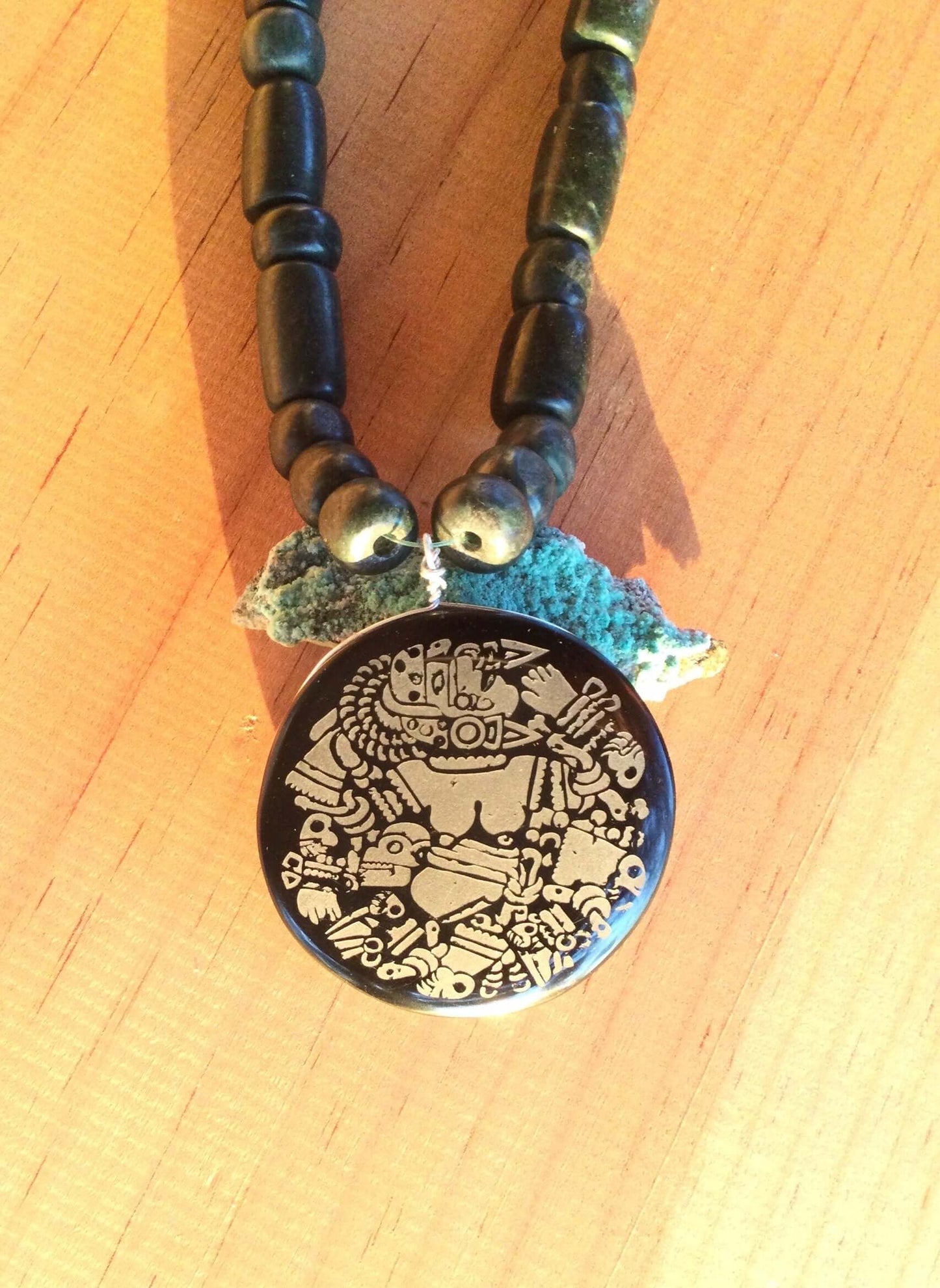 Coyolxauhqui Pendant Necklace- Mexican Obsidian & guatemalan jade beads style- Precolombian Aztec Jewelry