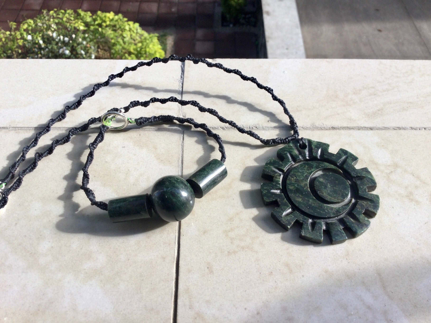 Moon Sun Symbol Guatemalan jade serpentine stone necklace - Mexican Precolombian jewelry