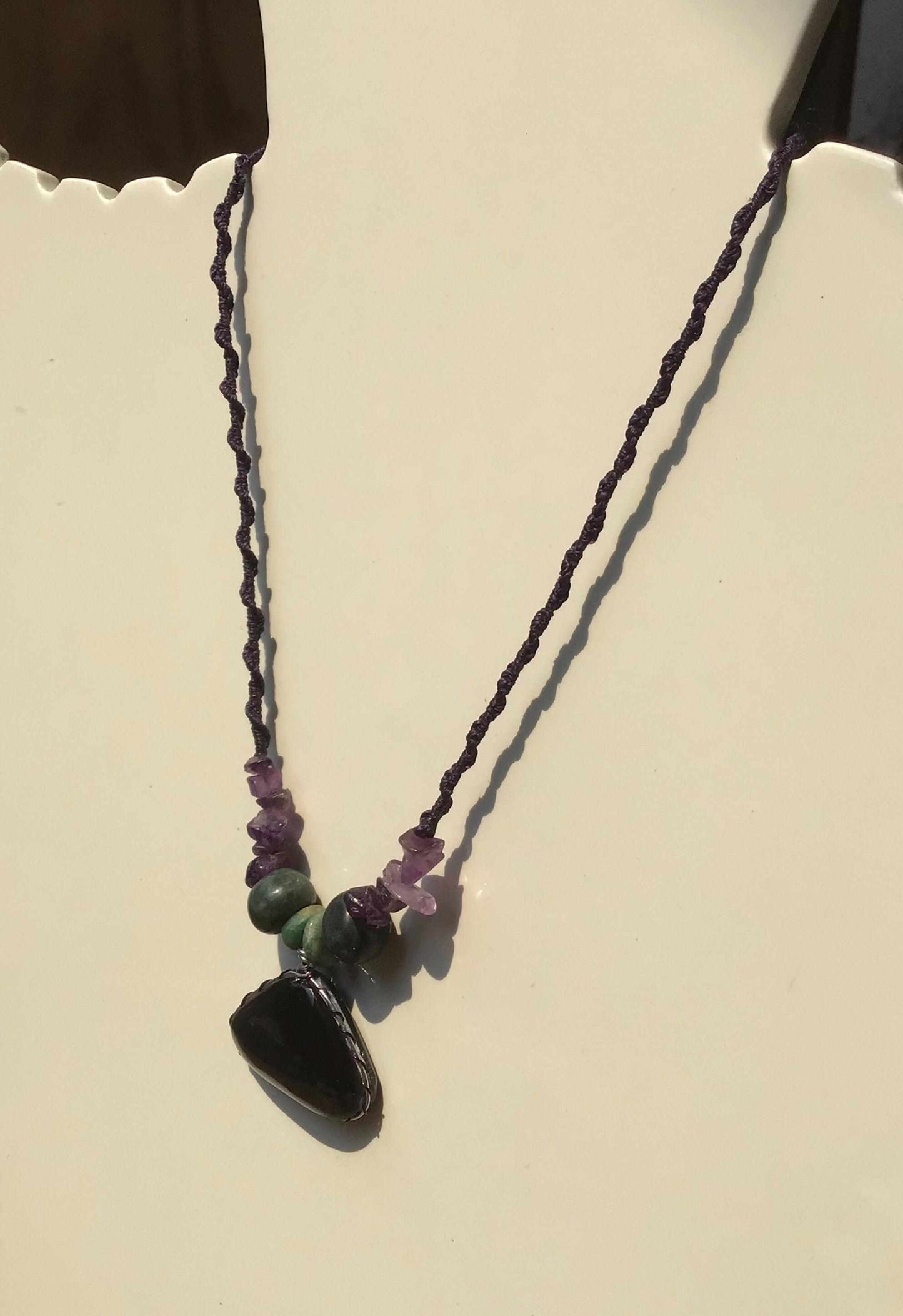 Velvet Obsidian Pendant Necklace with Amethyst & Guatemalan Jadeite Beads - Mexican Rainbow Obsidian Jewelry