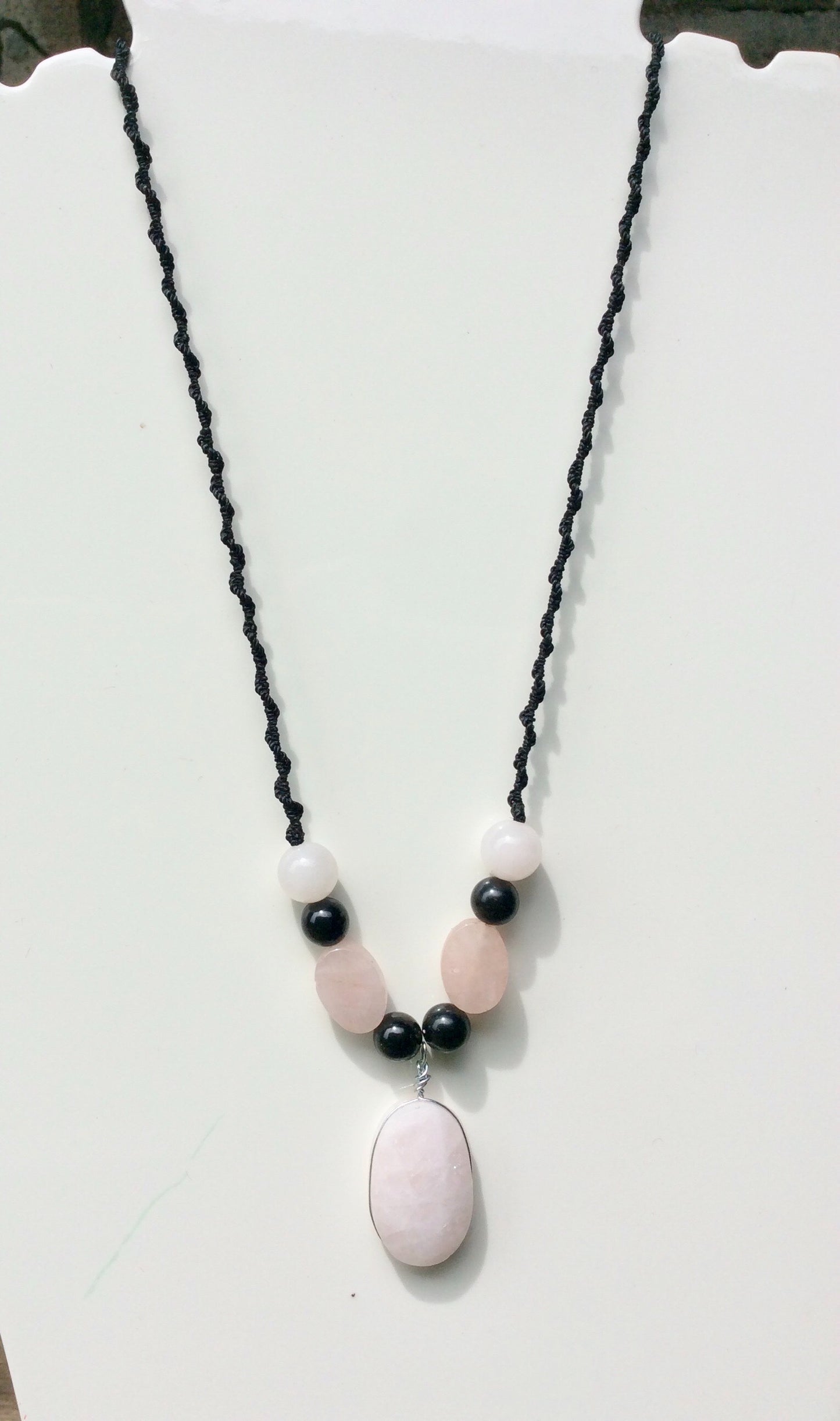 Pink Quartz Crystal Necklace - Boho Chic Macramé with Mexican Obsidian & Rose Quartz Beads
