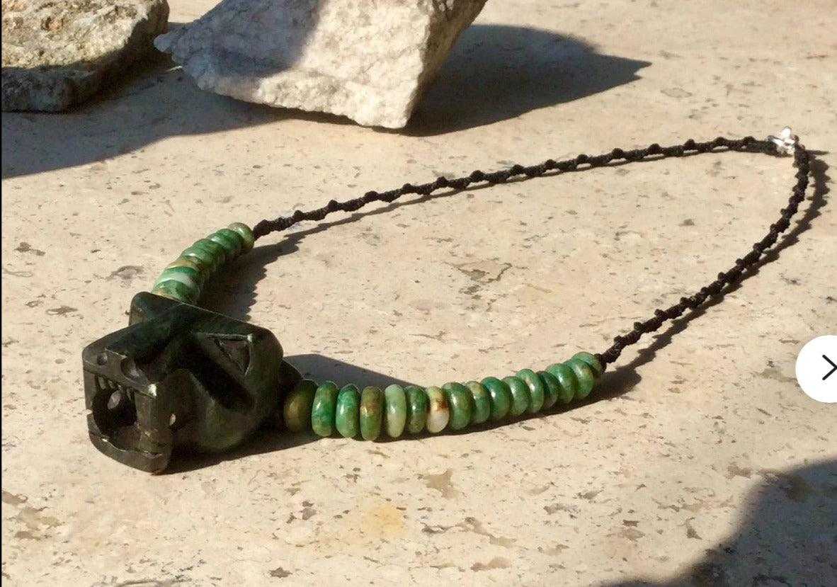 Jaguar Pendant choker Necklace with Guatemalan Jadéite - Mayan Jewelry, Mexican Culture