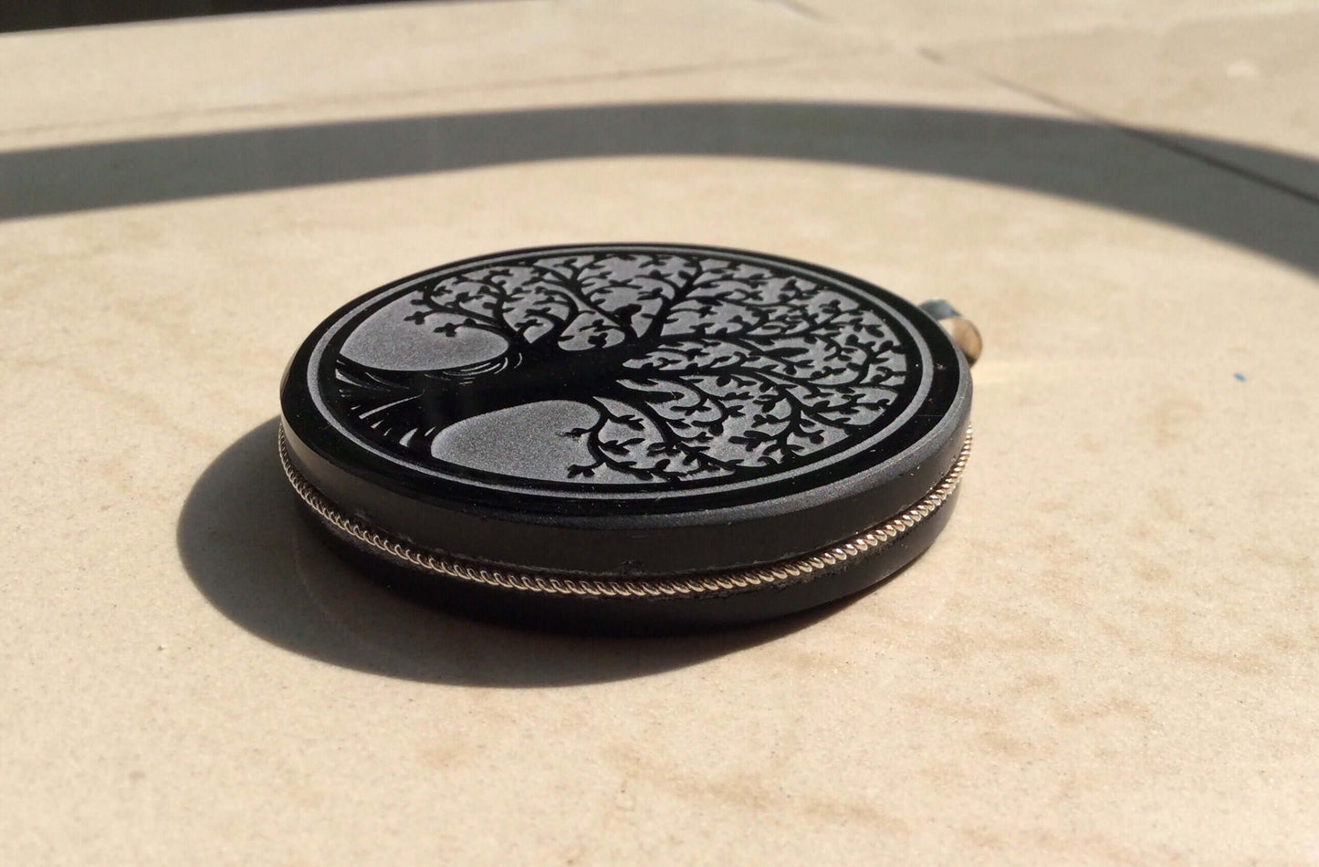 Tree pendant engraved black obsidian stone- Genuine Mexican Obsidian jewelry supplies