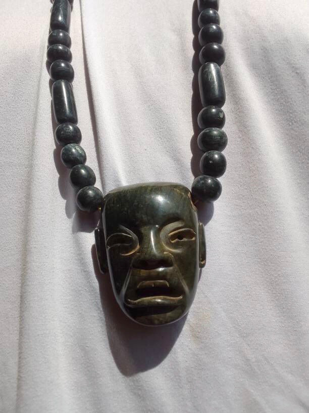 Olmec Head Face Mask pendant - Dark Green Serpentine Stone necklace - Guatemalan Jade Style - Handmade Mexican Artisan Sculpture