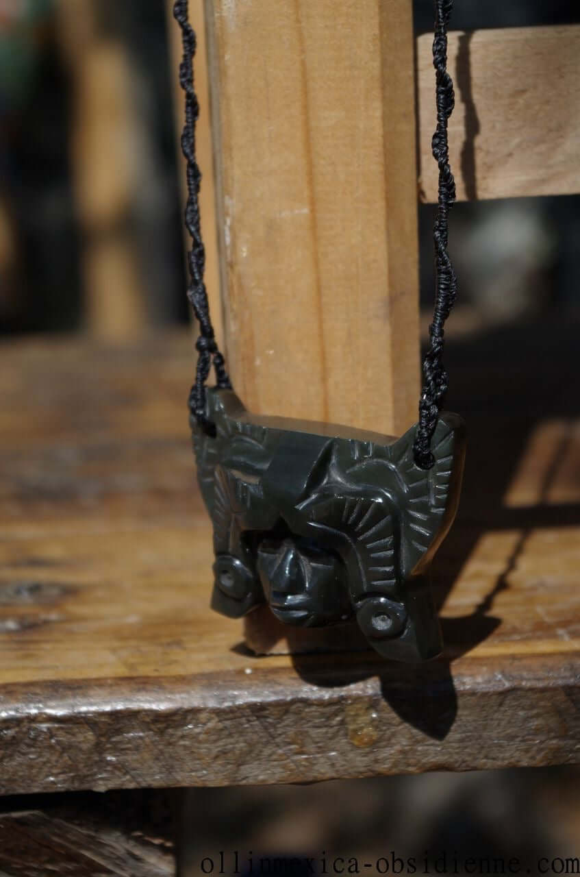 Jaguar Warrior Mask Pendant carved in rainbow obsidian- Aztec Mexican Precolombian Jewelry