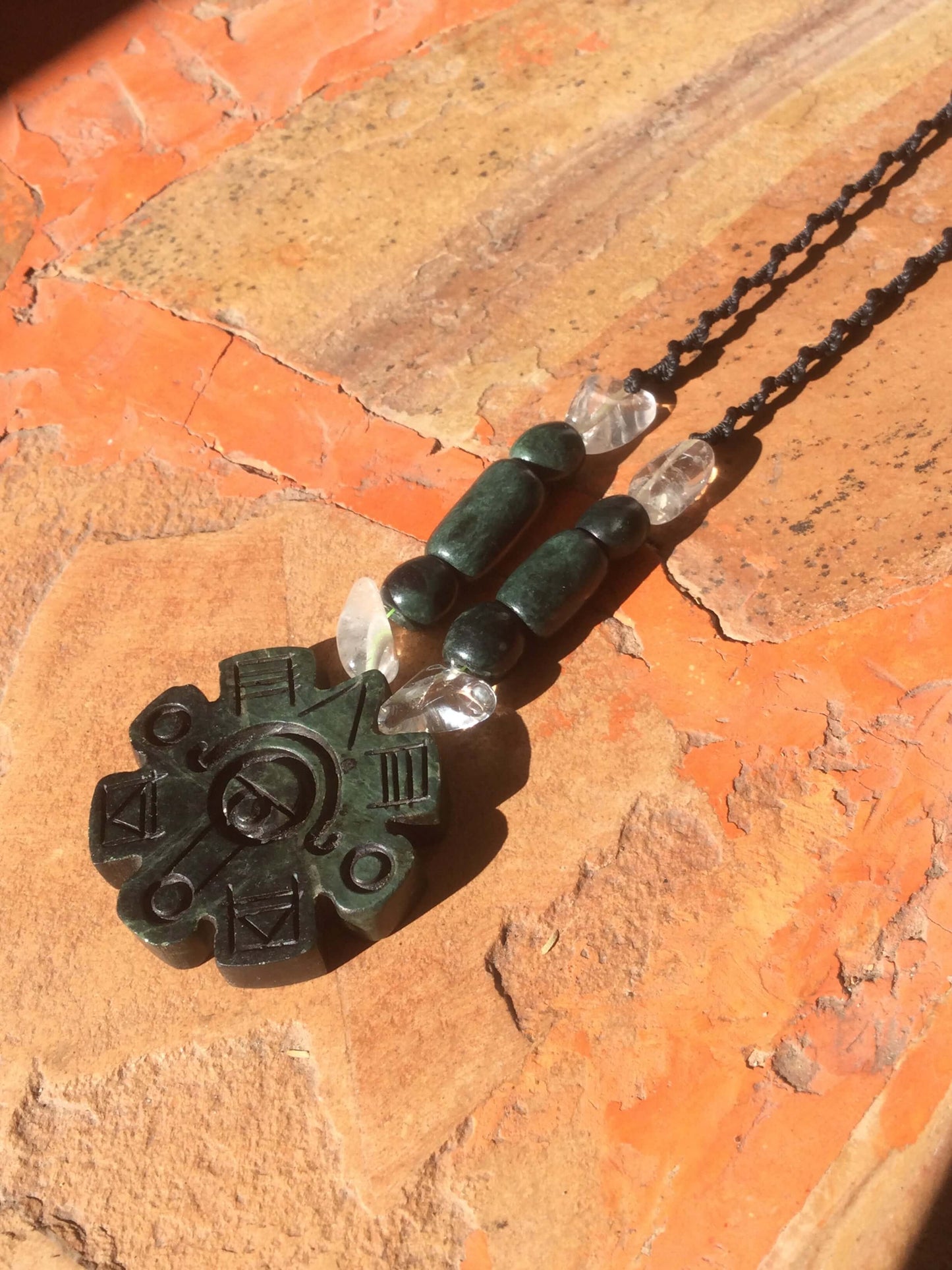 Ollin Pendant, Aztec calendar symbol, Guatemalan jade style, serpentine stone, Mexican precolombian Jewelry