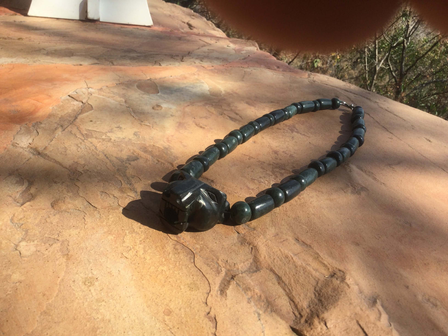 Jaguar Pendant Guatemalan jade beads necklace style, serpentine stone - Mayan Jewelry, Mexican Culture