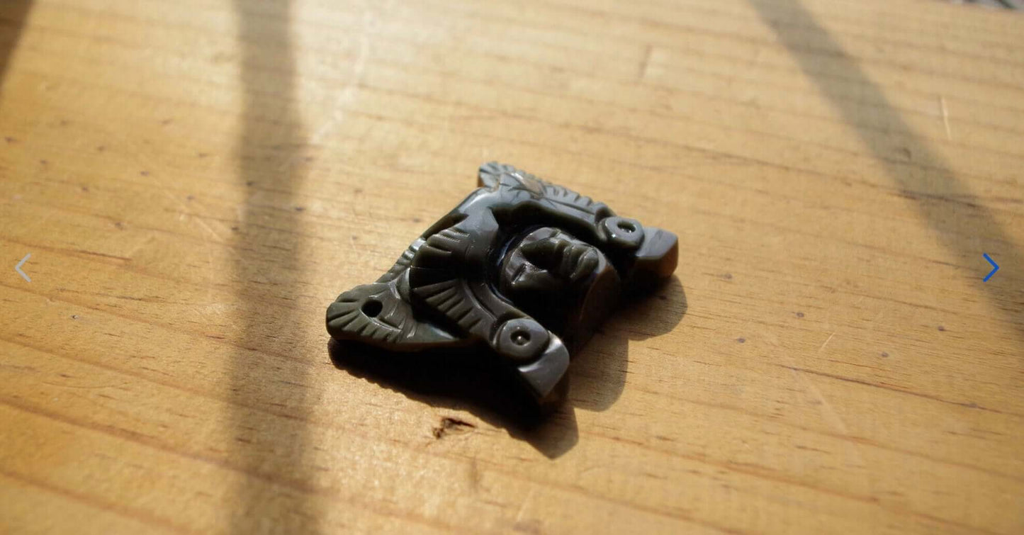 Jaguar Warrior Pendant carved in rainbow obsidian- Aztec Mexican Precolombian Jewelry