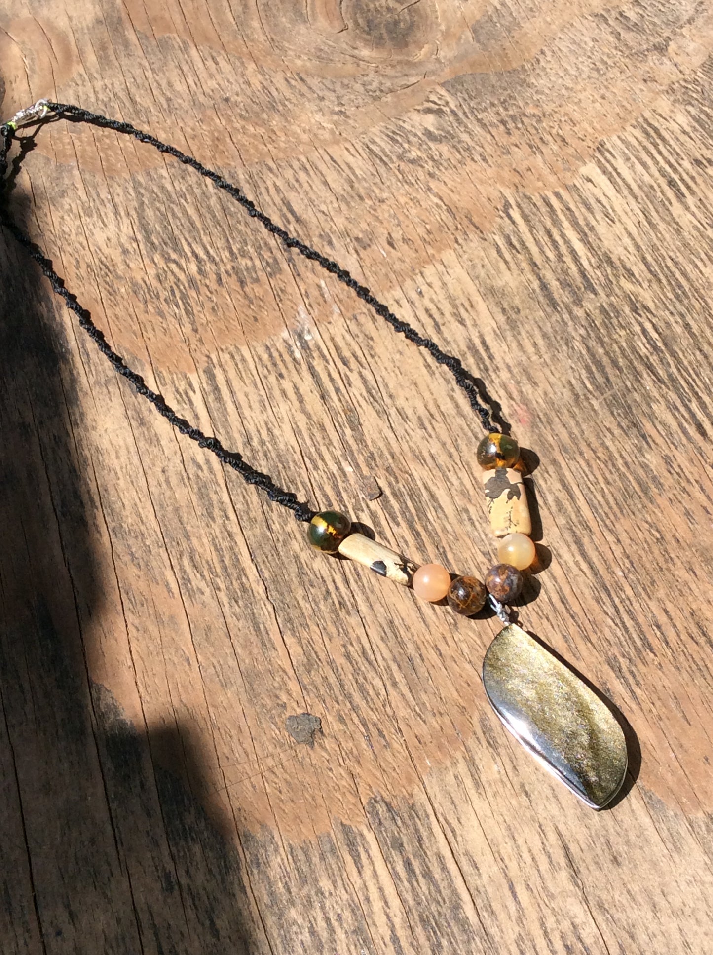 Golden Obsidian Pendant Necklace with Amber, petrified wood & Agate beads, unique Mexican Jewelry