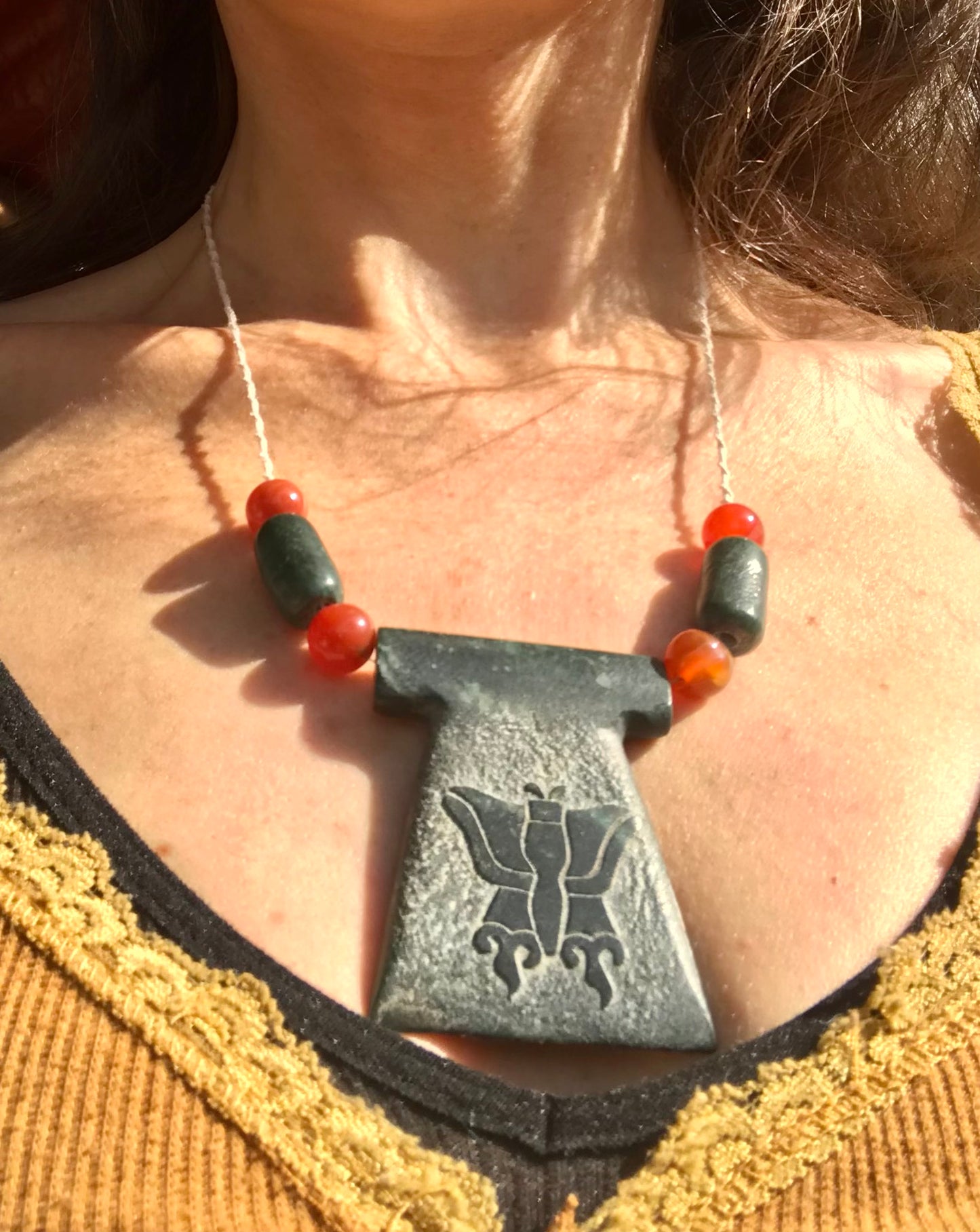 Butterfly Pendant carved like Ancient guatemalan jade - Mayan Jewelry, Mexican Necklace Nature - aztec Monarch butterfly symbol