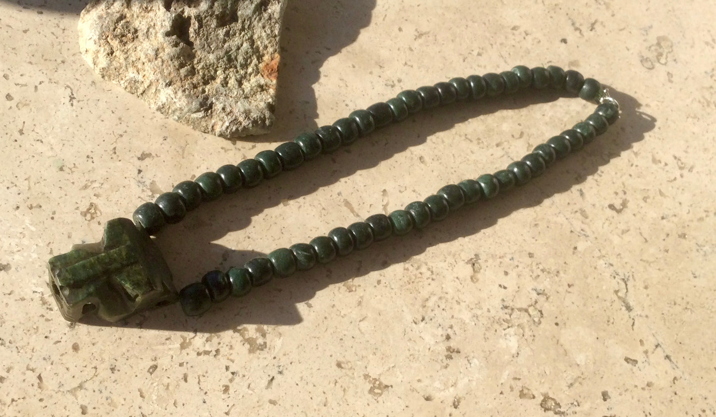 Jaguar Pendant Guatemalan jade beads necklace style, serpentine stone - Mayan Jewelry, Mexican Culture