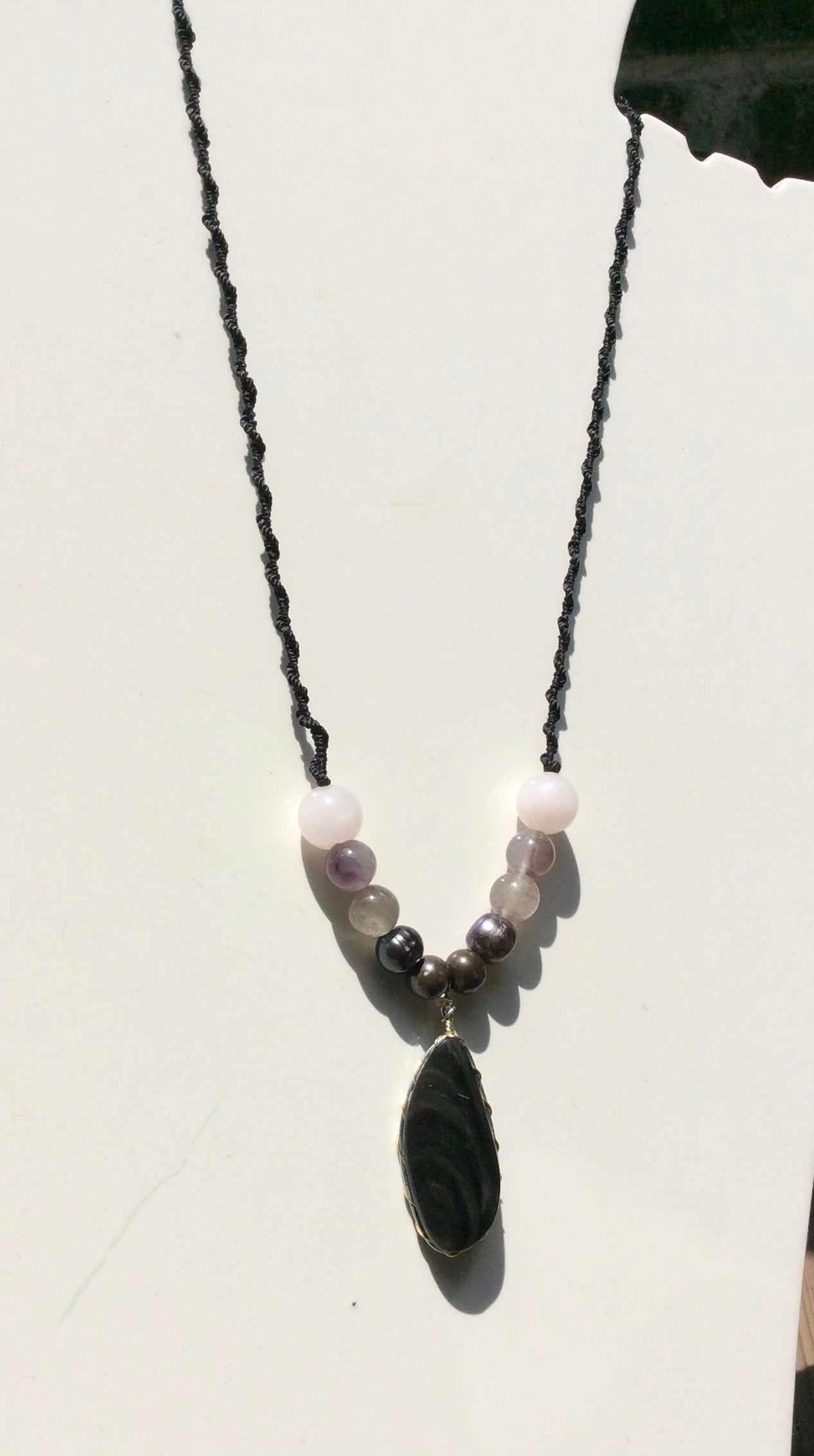Pink Rainbow Obsidian Pendant Necklace | Mother of Pearl & Amethyst | Mexican Gemstone Jewelry