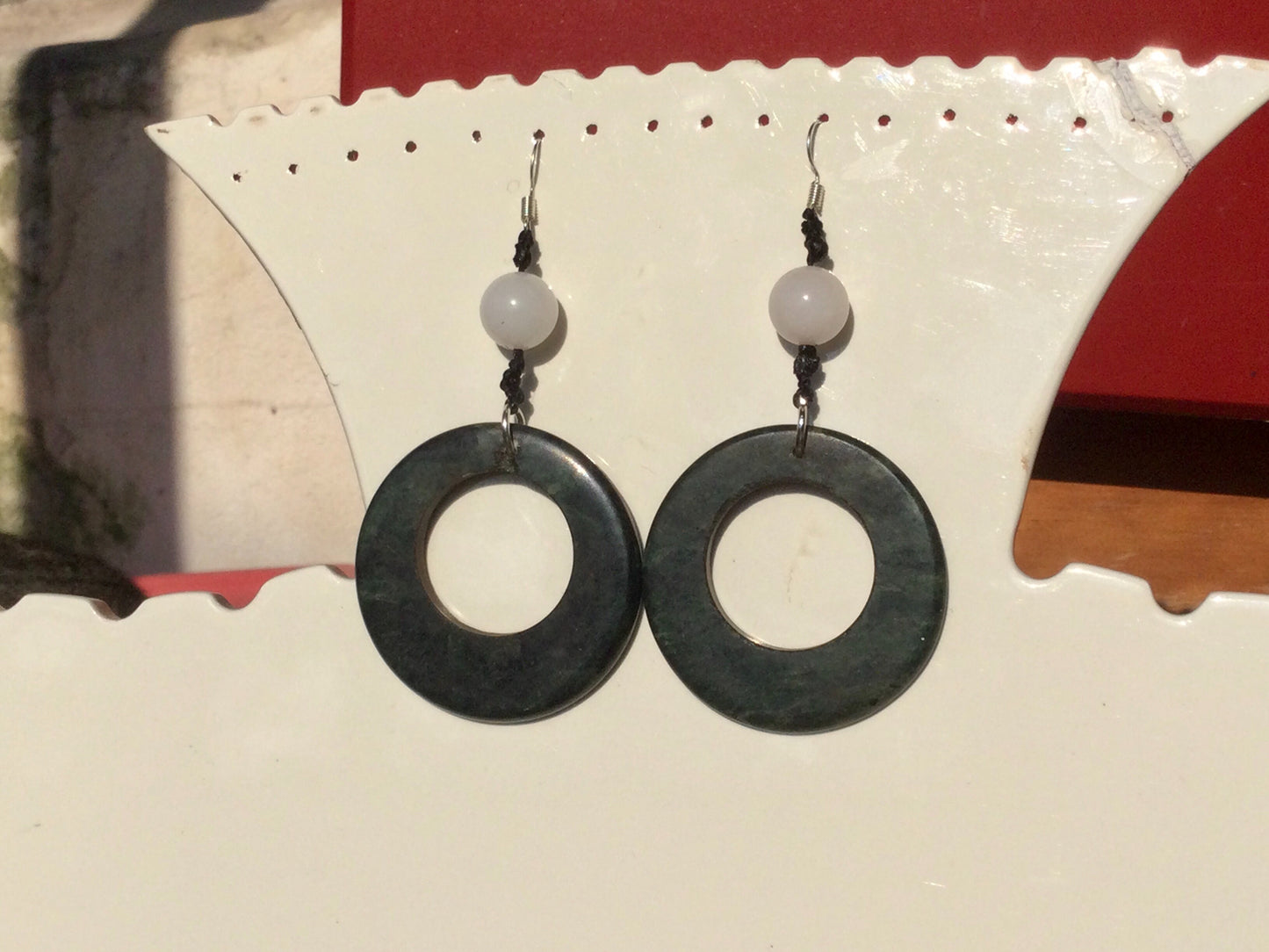 Hoop Earrings Guatemalan Jade style - Serpentine & rose quartz Stone