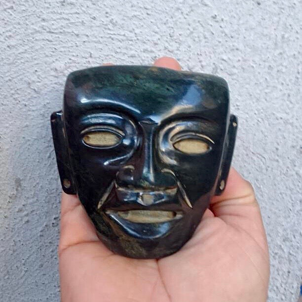 Teotihuacan Head Mask - Dark Green Serpentine Stone - Guatemalan Jade Style - Handmade Mexican Artisan Sculpture - 4"x3"