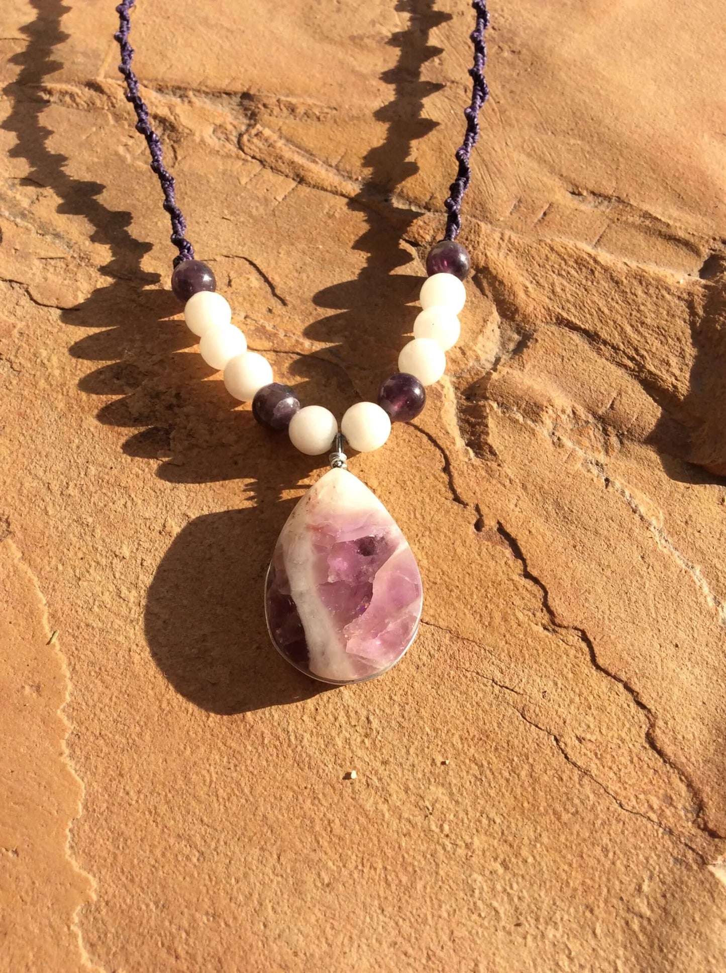 Trinity of Harmony: Amethyst Pendant with White Agate and Obsidian Beads for Emotional Balance and Spiritual Protection