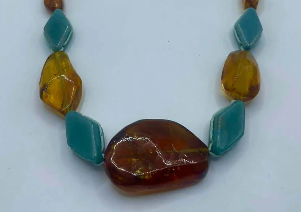 Authentic Mexican Amber Necklace with insect & Guatemalan Jade - Mayan Jewelry Gemstones