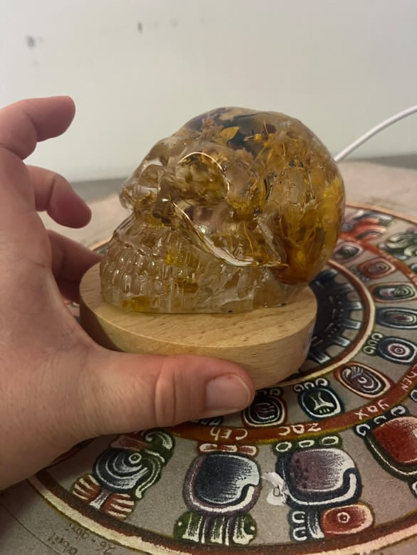 Handcrafted Resin Skull with Sacred plant inclusion and Integrated Light - Unique Decoration