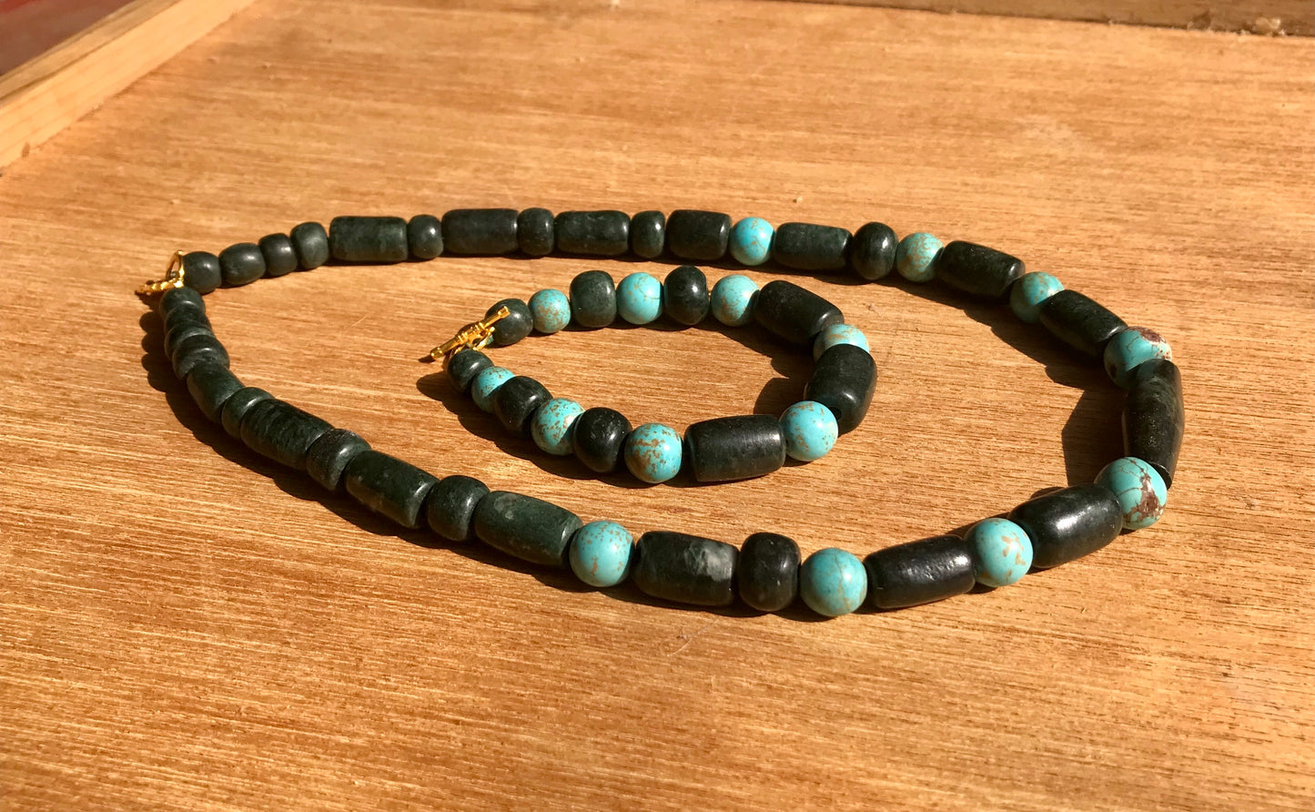 Mayan Jewelry Set like Ancient Guatemalan Jade style with serpentine & turquoise beads - Precolombian style necklace and bracelet