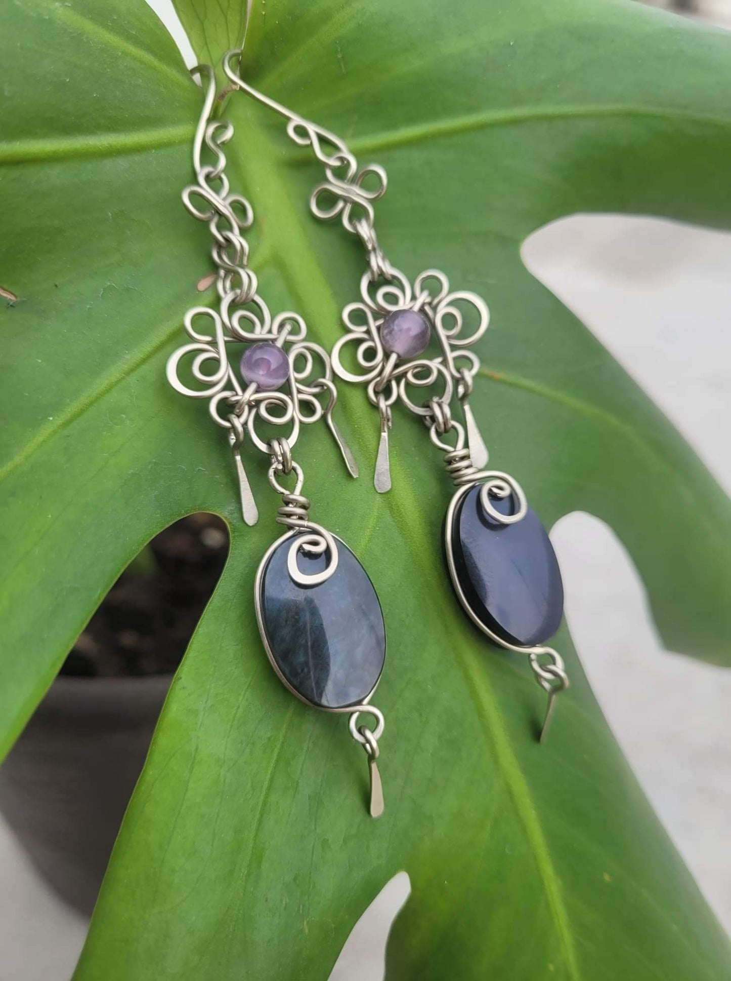 Obsidian stone & Amethyst Filigree Earrings - Handcrafted with Love