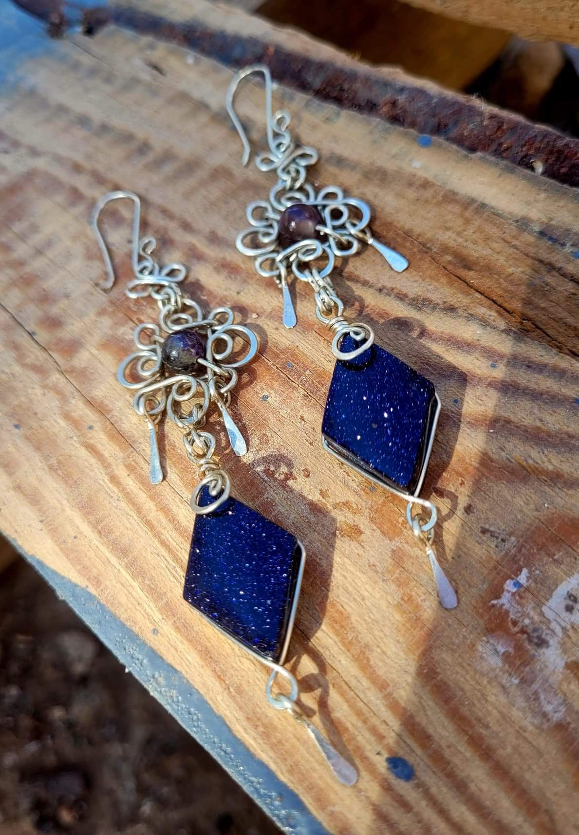 Blue Aventurine & Amethyst Filigree Earrings - Handcrafted with Love