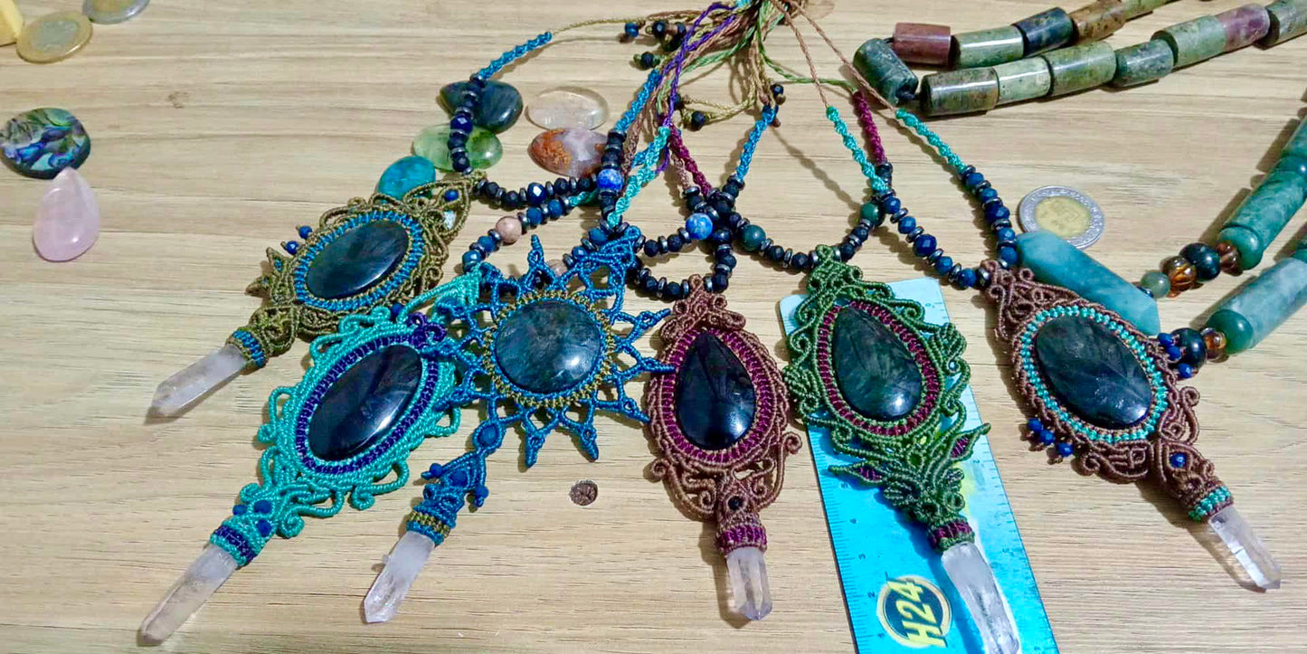 Turquoise Blue Macramé necklace with velvet Obsidian pendant & crystal Quartz - Mexican Handmade - Protection, revelation & purification