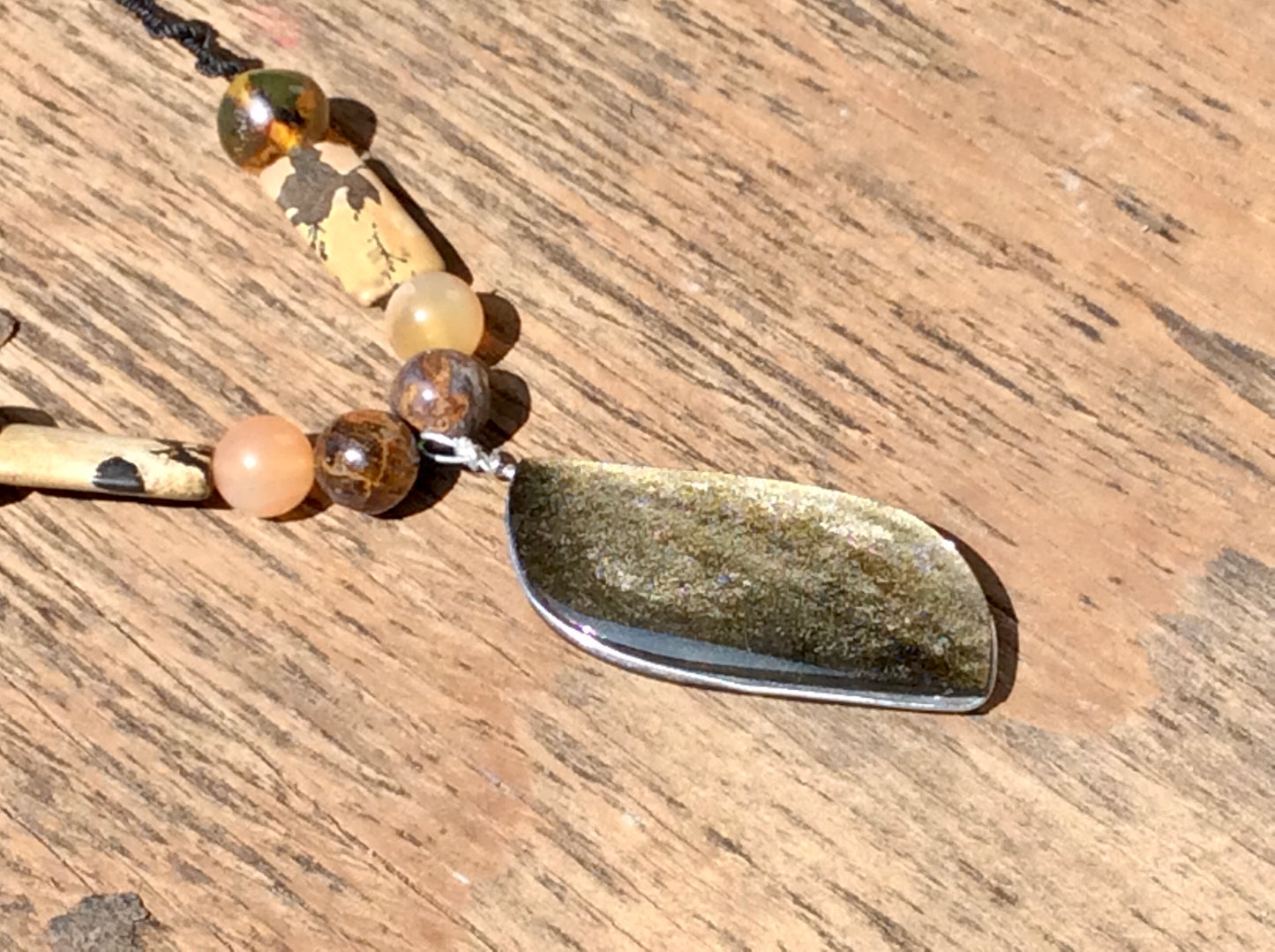 Golden Obsidian Pendant Necklace with Amber, petrified wood & Agate beads, unique Mexican Jewelry