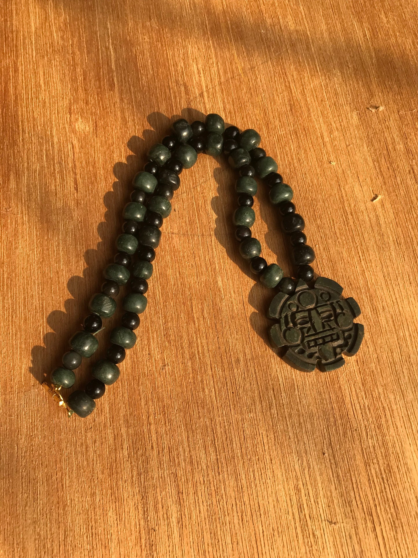 Tonatiuh, Mexican Sun Divinity Necklace, Center of Aztec Calendar or Sun Stone - like Ancient Guatemalan jade & obsidian beads - Mayan & Aztec Jewelry - Precolombian style