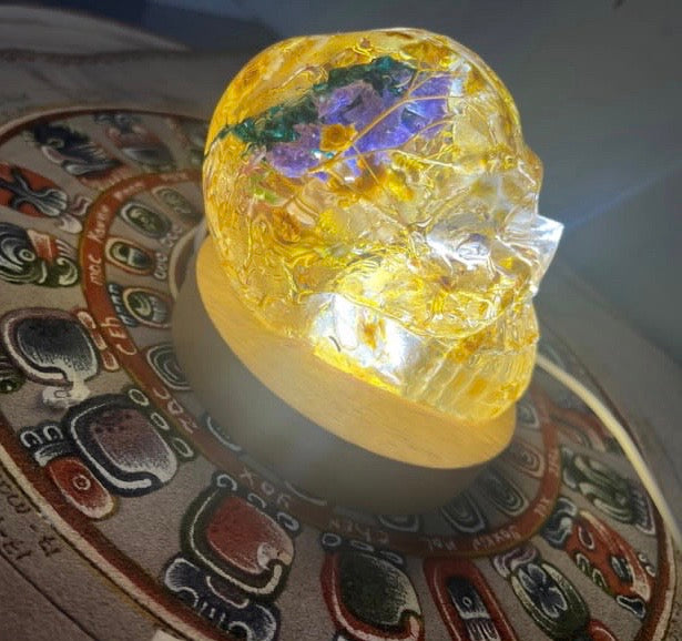 Handcrafted Resin Skull with Sacred plant inclusion and Integrated Light - Unique Decoration