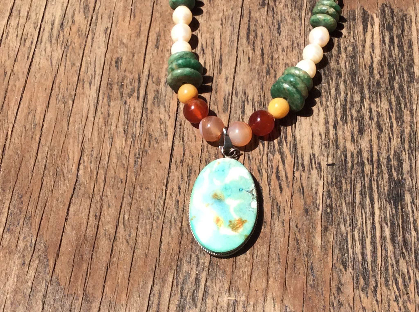 Turquoise Gemstone Necklace - Natural Stone Jewelry with Mother of Pearls & Jadeite beads