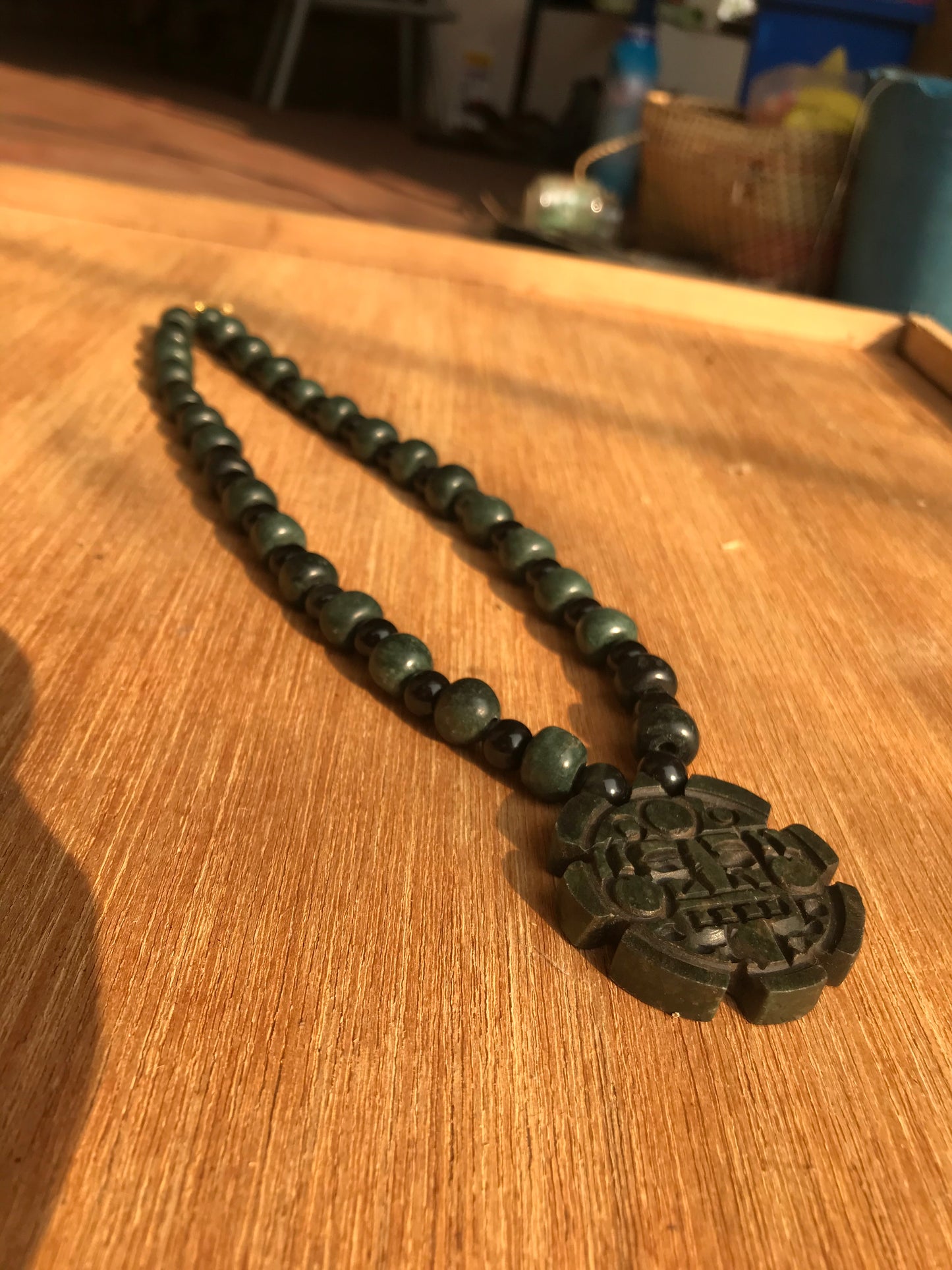 Tonatiuh, Mexican Sun Divinity Necklace, Center of Aztec Calendar or Sun Stone - like Ancient Guatemalan jade & obsidian beads - Mayan & Aztec Jewelry - Precolombian style