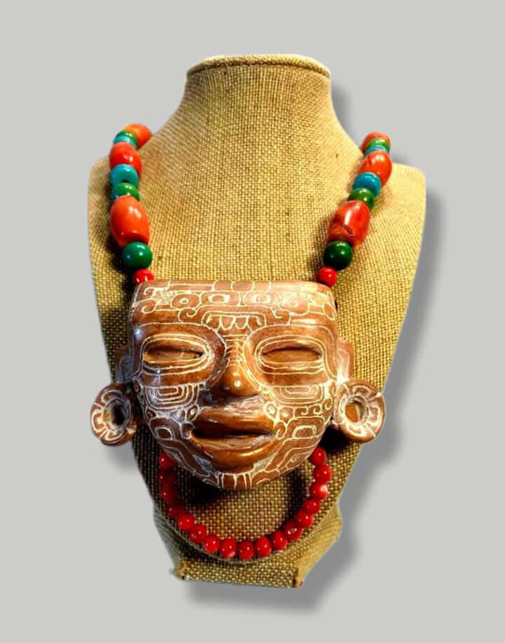 Teotihuacan Mask Pendant carved in ceramic with Tonatiuh Mexican Pre Hispanic symbol engraved - Precolombian Jewelry