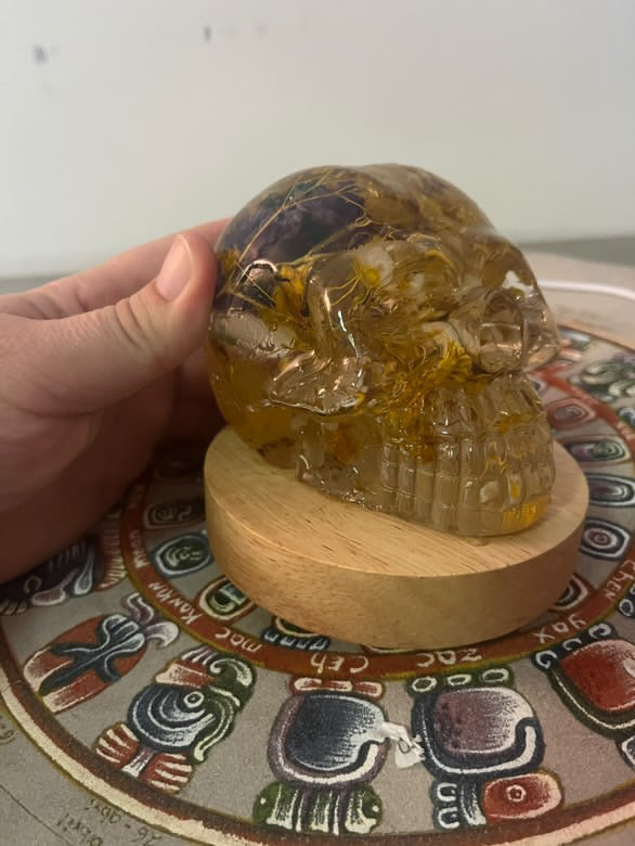Handcrafted Resin Skull with Sacred plant inclusion and Integrated Light - Unique Decoration