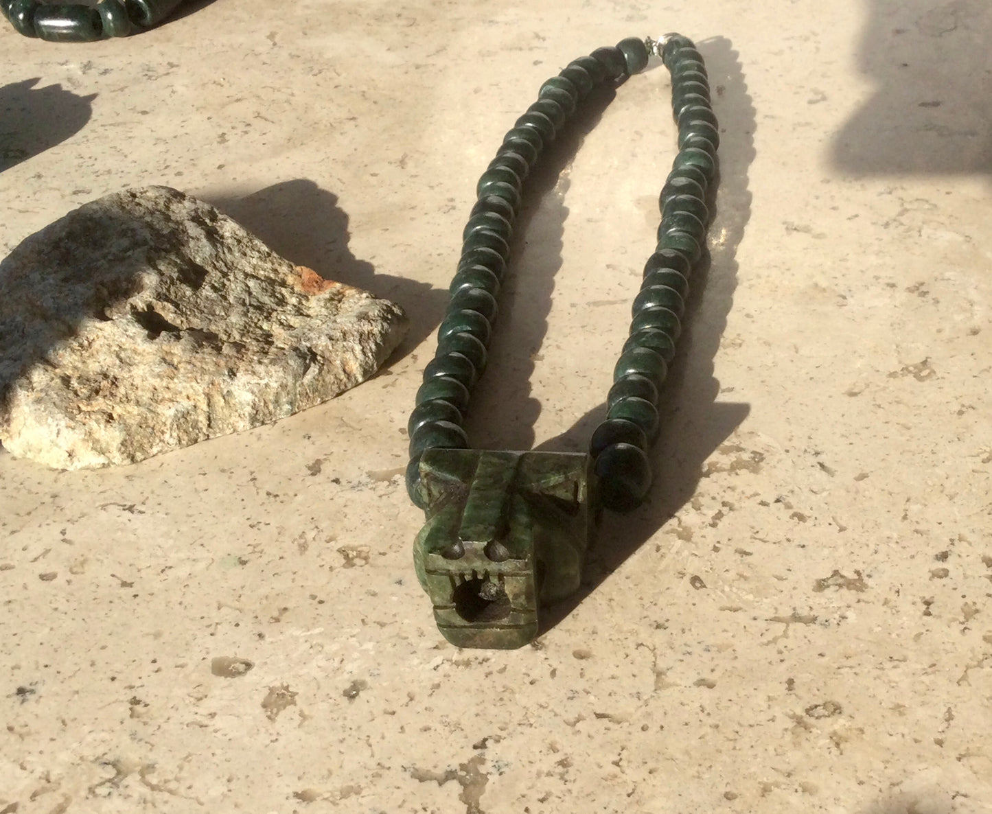 Jaguar Pendant Guatemalan jade beads necklace style, serpentine stone - Mayan Jewelry, Mexican Culture