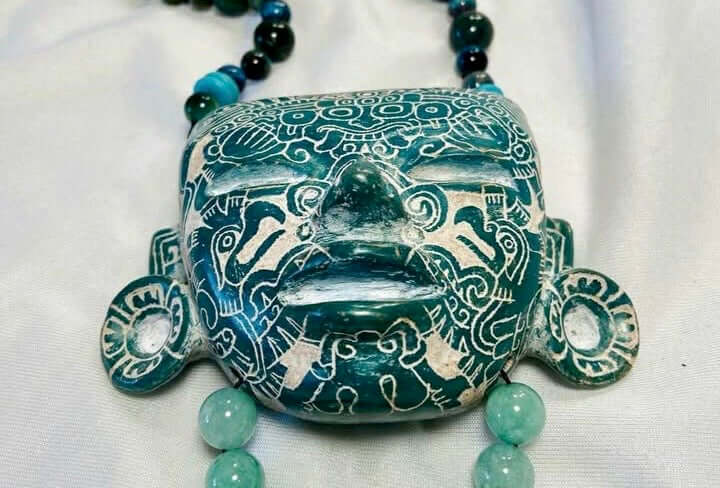 Teotihuacan Mask Pendant carved in blue ceramic, Mexican Pre Hispanic symbols engraved - Precolombian Jewelry