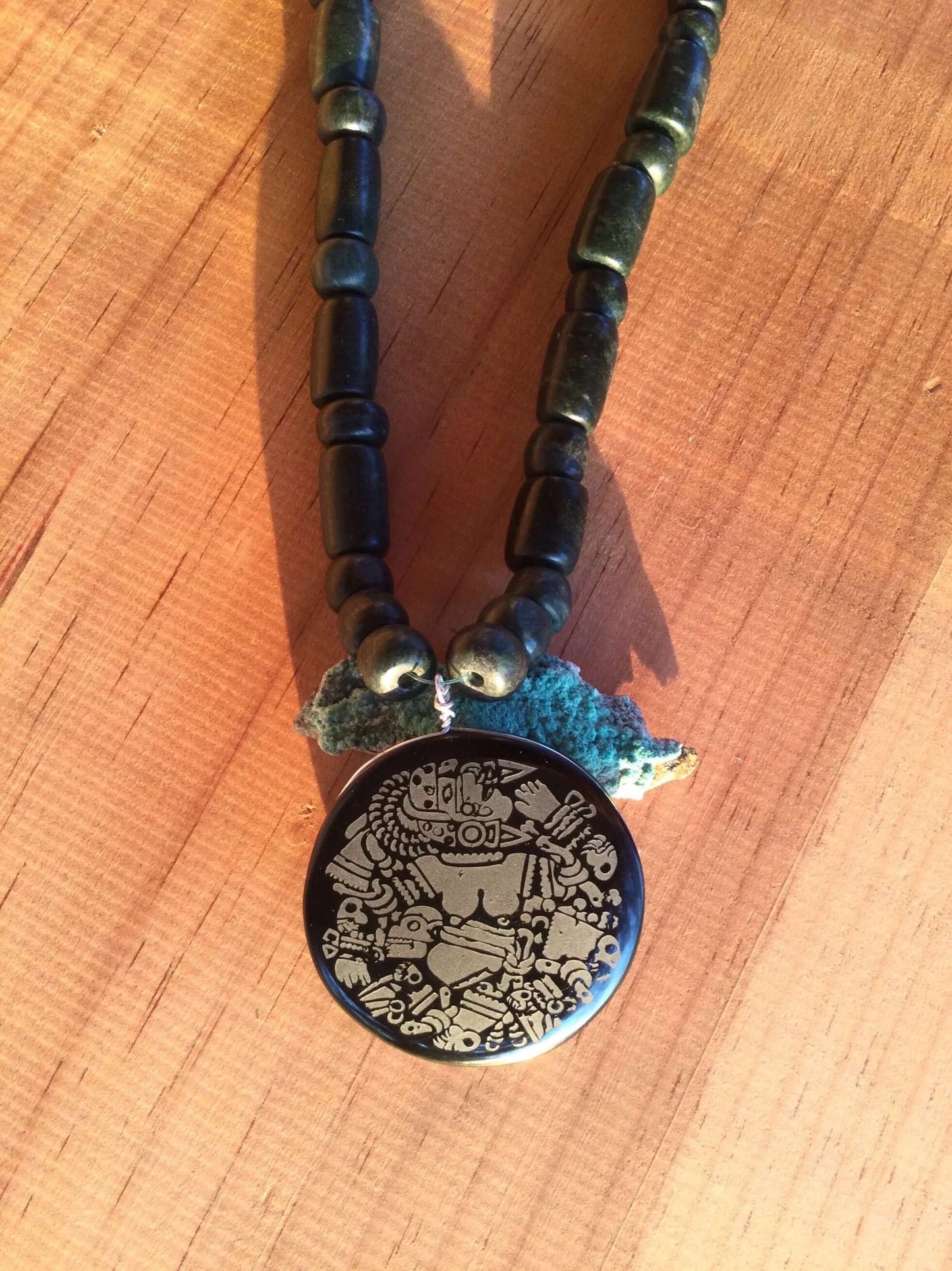 Coyolxauhqui Pendant Necklace- Mexican Obsidian & guatemalan jade beads style- Precolombian Aztec Jewelry