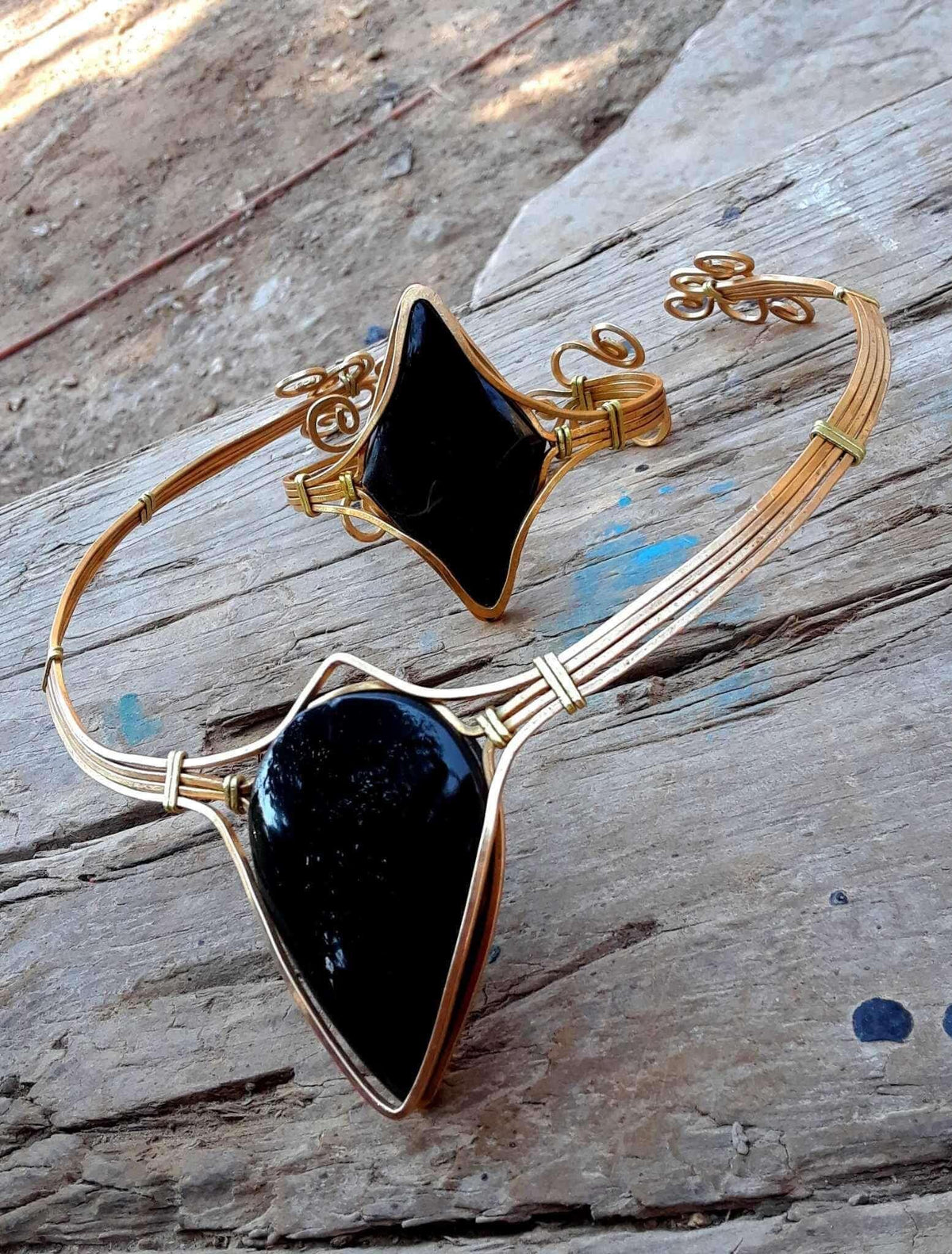Mexican Black Obsidian Bracelet – Alpaca Wire, Handcrafted | Available as Set with Choker