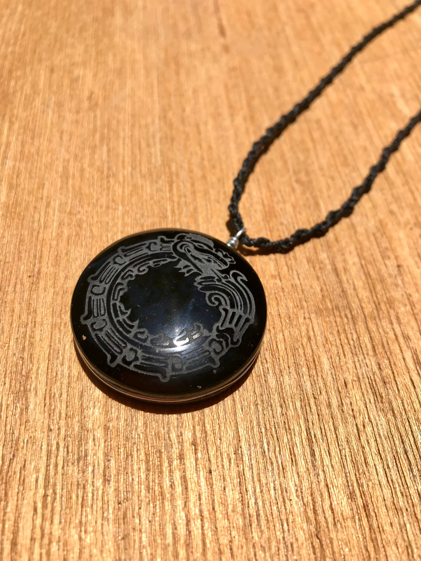 Quetzalcoatl, Kukulkan, Feathered serpent Pendant crystal black obsidian, Mexican prehispanic Precolombian jewelry