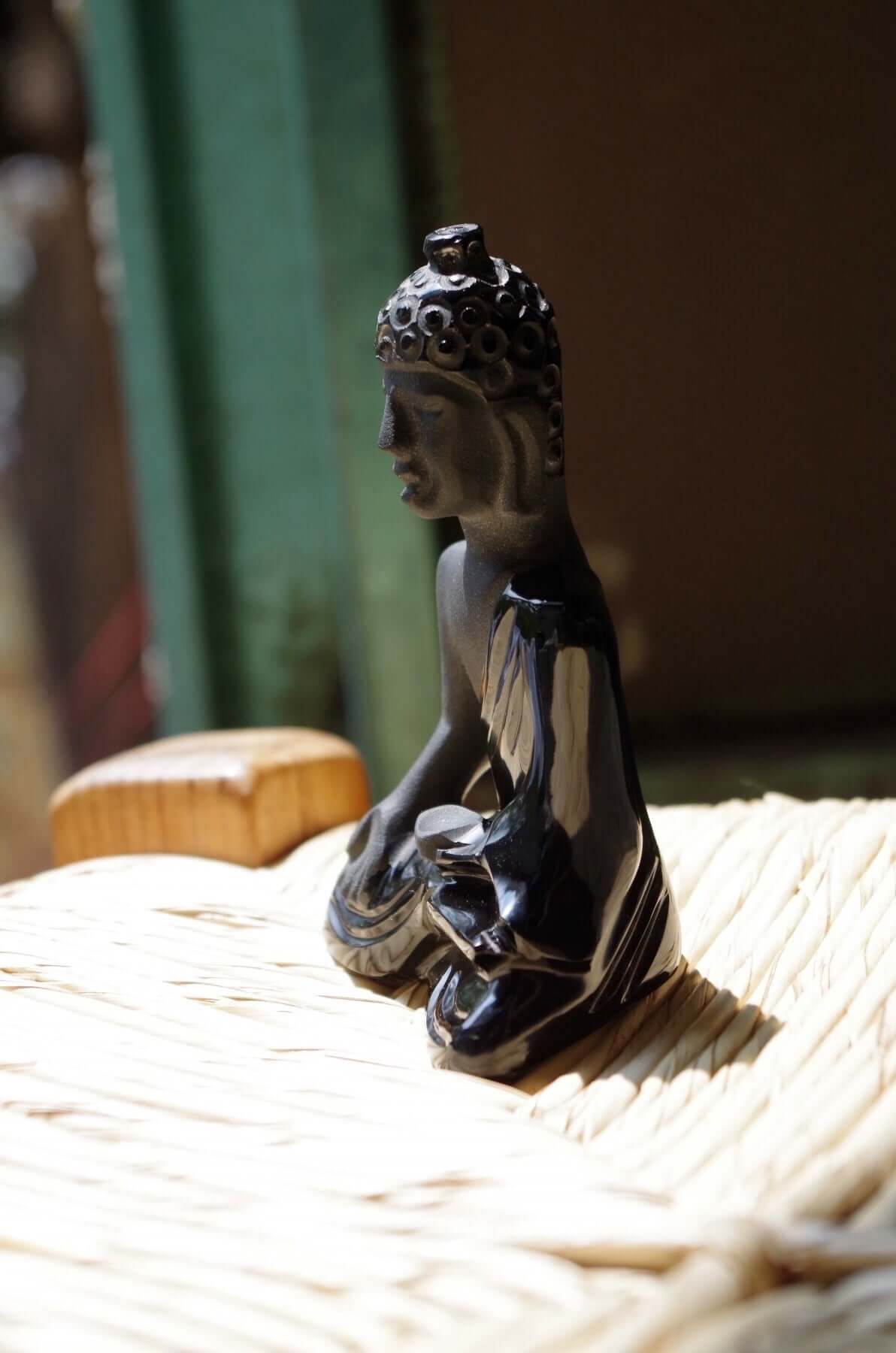 Buddha Siddhartha Gautama carved in Mexican black obsidian - powerful volcanic crystal- Spirituality- Art - Collection statue