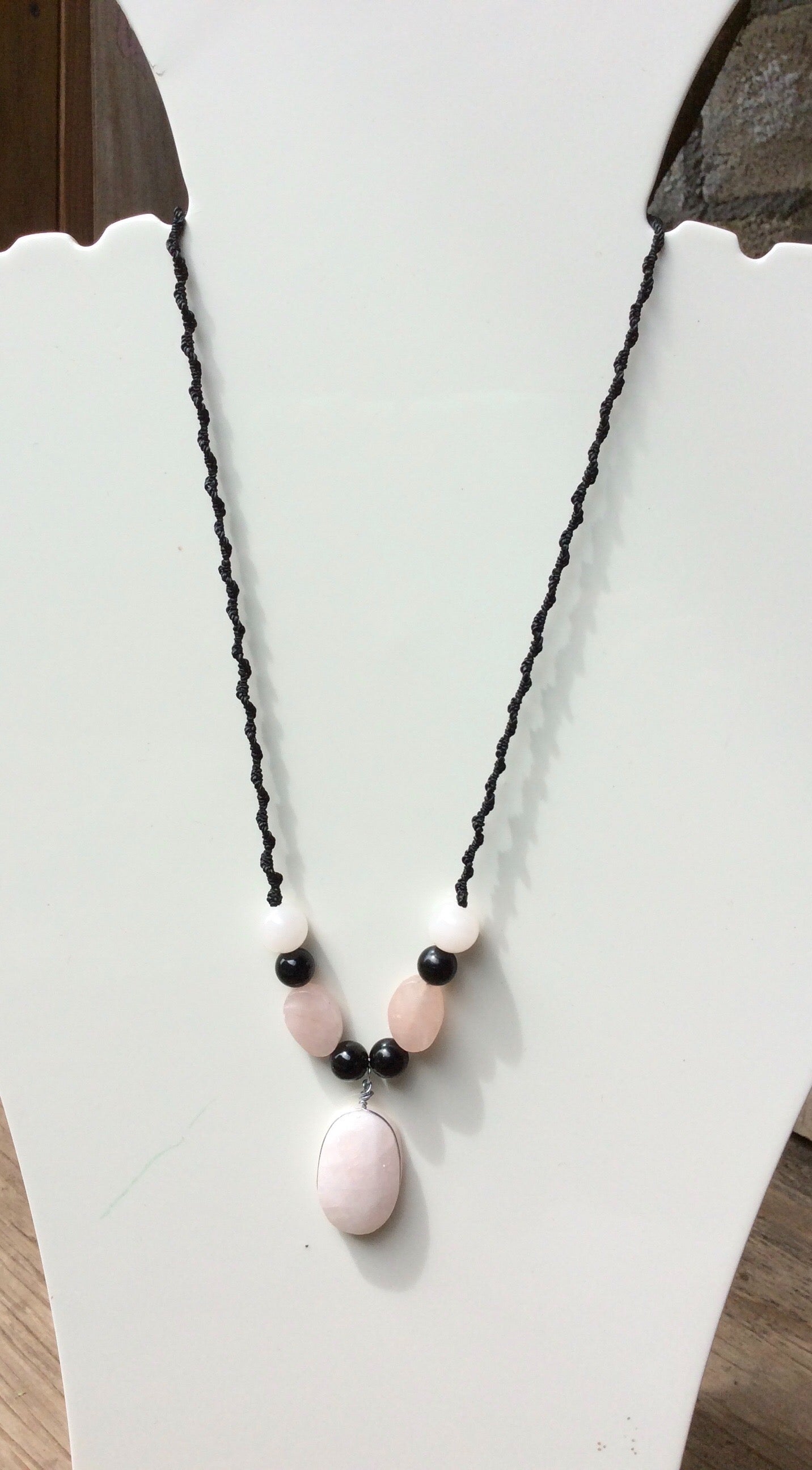 Pink Quartz Crystal Necklace - Boho Chic Macramé with Mexican Obsidian & Rose Quartz Beads