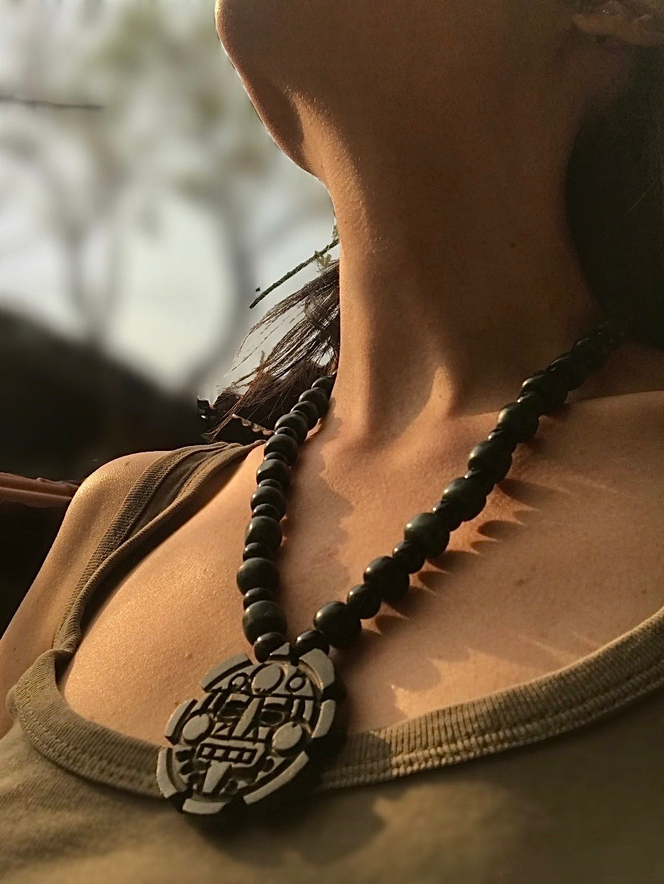 Tonatiuh, Mexican Sun Divinity Necklace, Center of Aztec Calendar or Sun Stone - like Ancient Guatemalan jade & obsidian beads - Mayan & Aztec Jewelry - Precolombian style