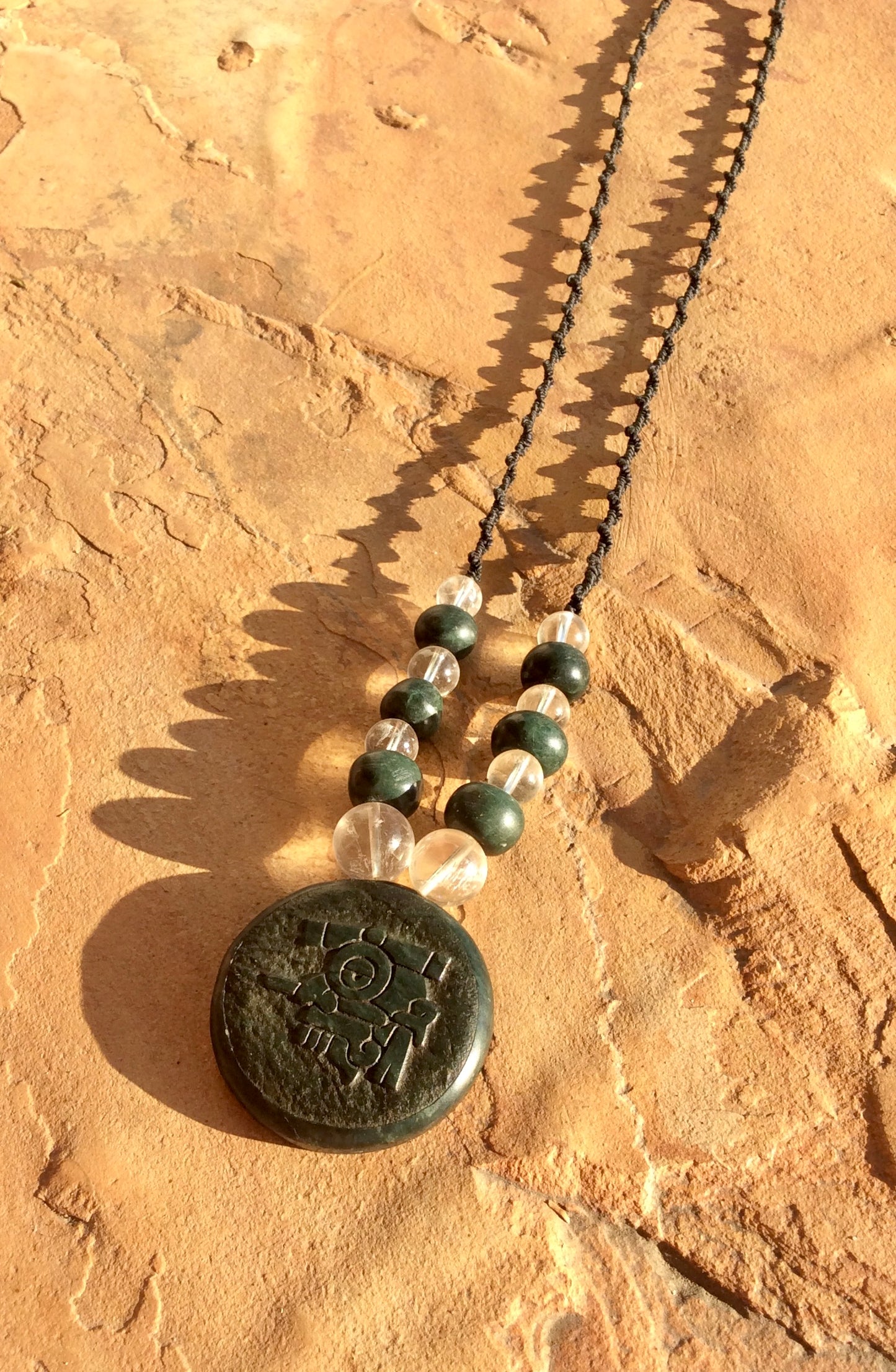 Tlaloc Pendant Necklace- Mexican Divinity of storm and Rain- Guatemalan jade style, serpentine & crystal Quartz stone beads