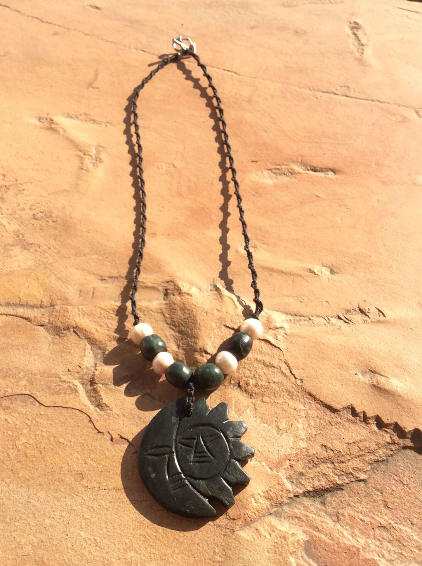 Moon Sun Symbol Pendant Necklace in Guatemalan jade serpentine stone & mother of pearls - Mexican jewelry