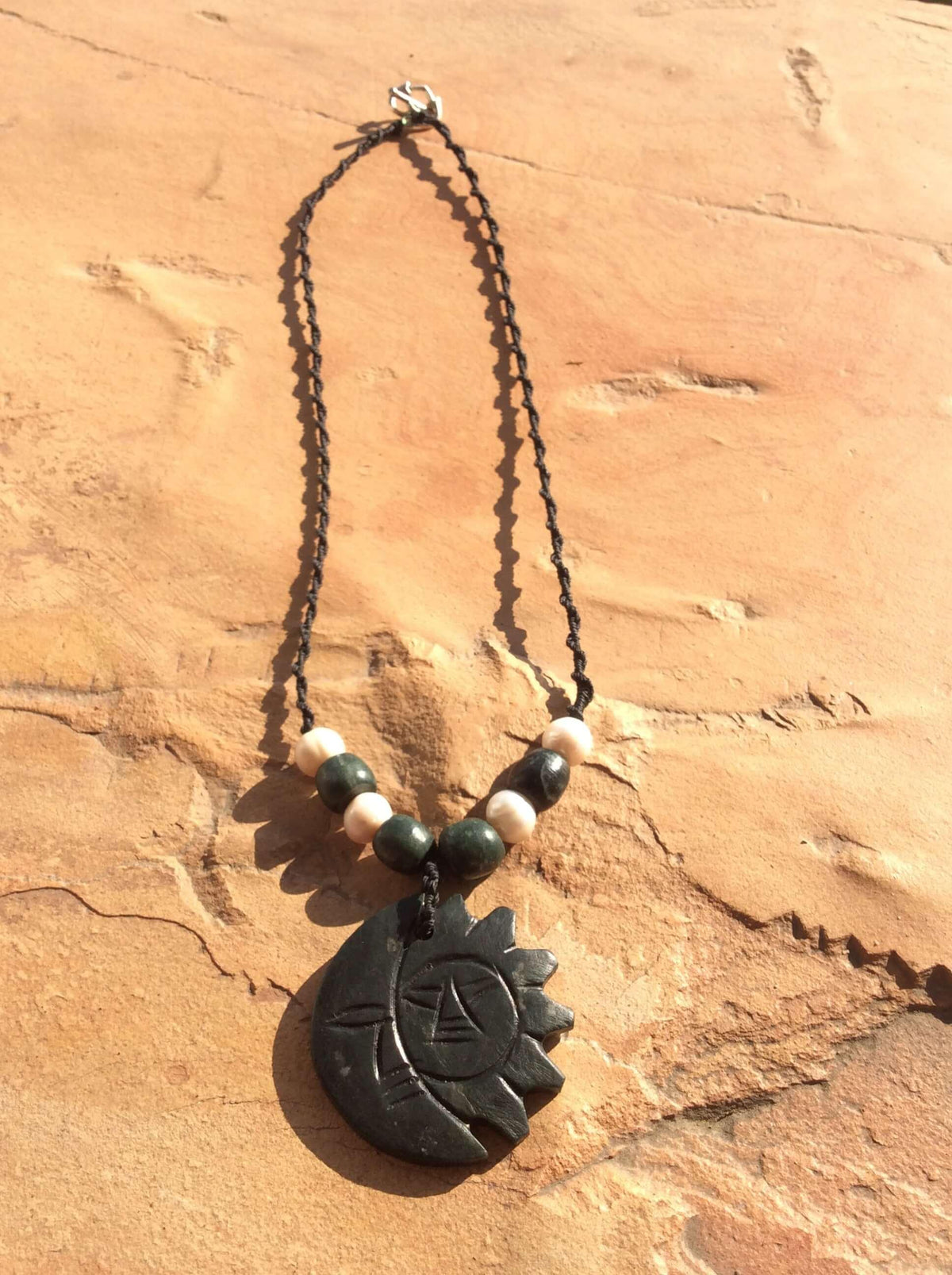 Moon Sun Symbol Pendant Necklace in Guatemalan jade serpentine stone & mother of pearls - Mexican jewelry