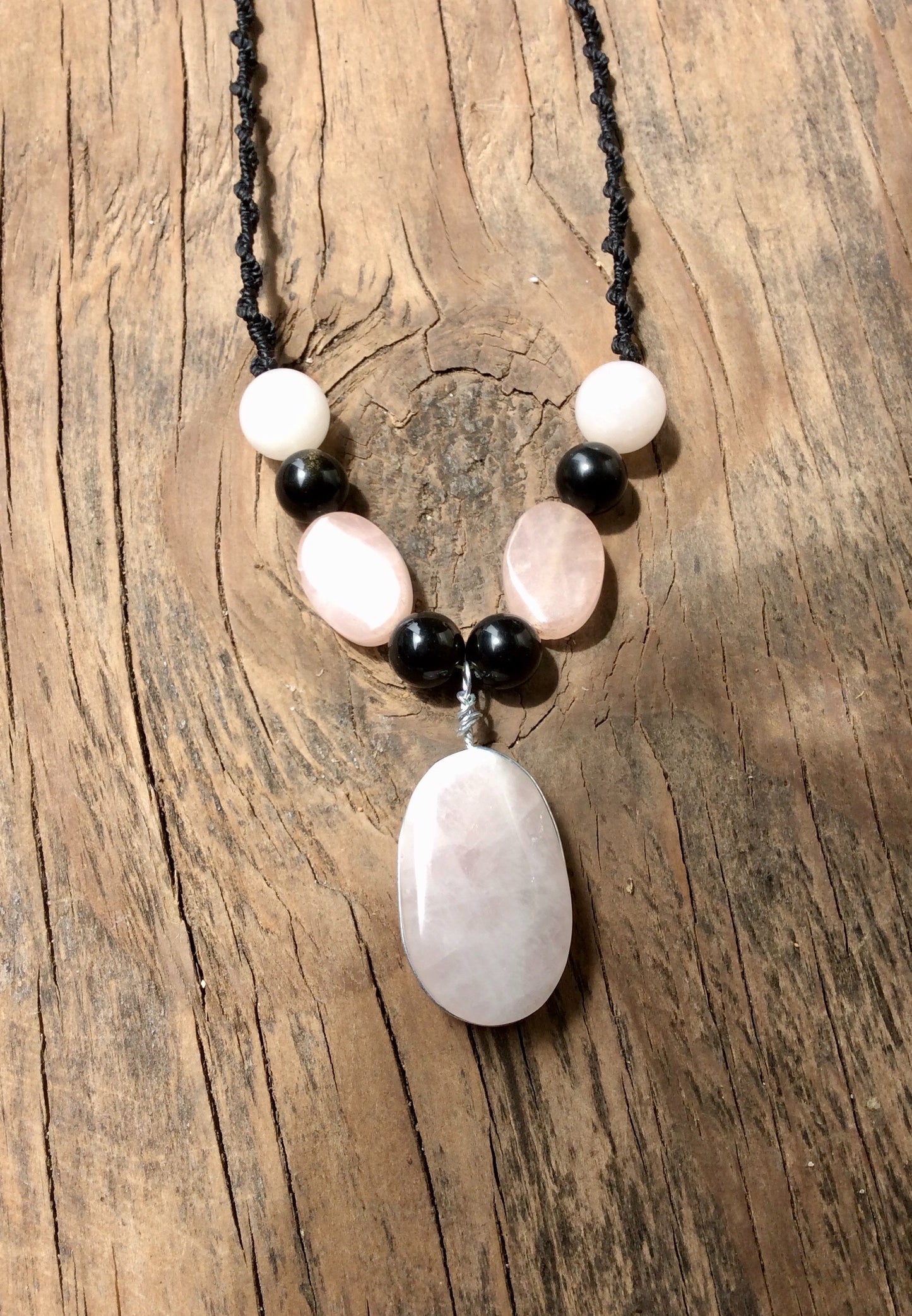 Pink Quartz Crystal Necklace - Boho Chic Macramé with Mexican Obsidian & Rose Quartz Beads
