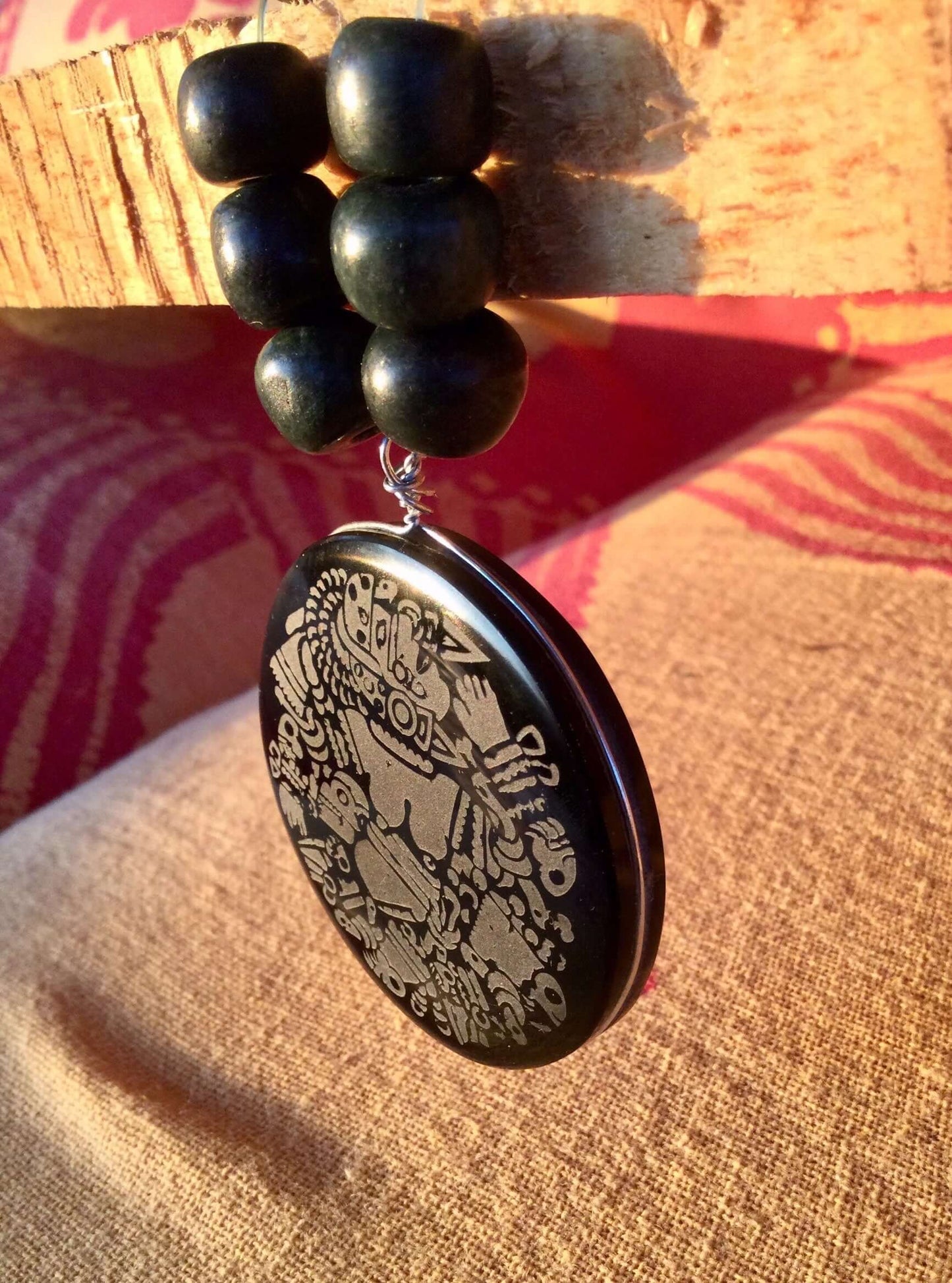 Coyolxauhqui Pendant Necklace- Mexican Obsidian & guatemalan jade beads style- Precolombian Aztec Jewelry
